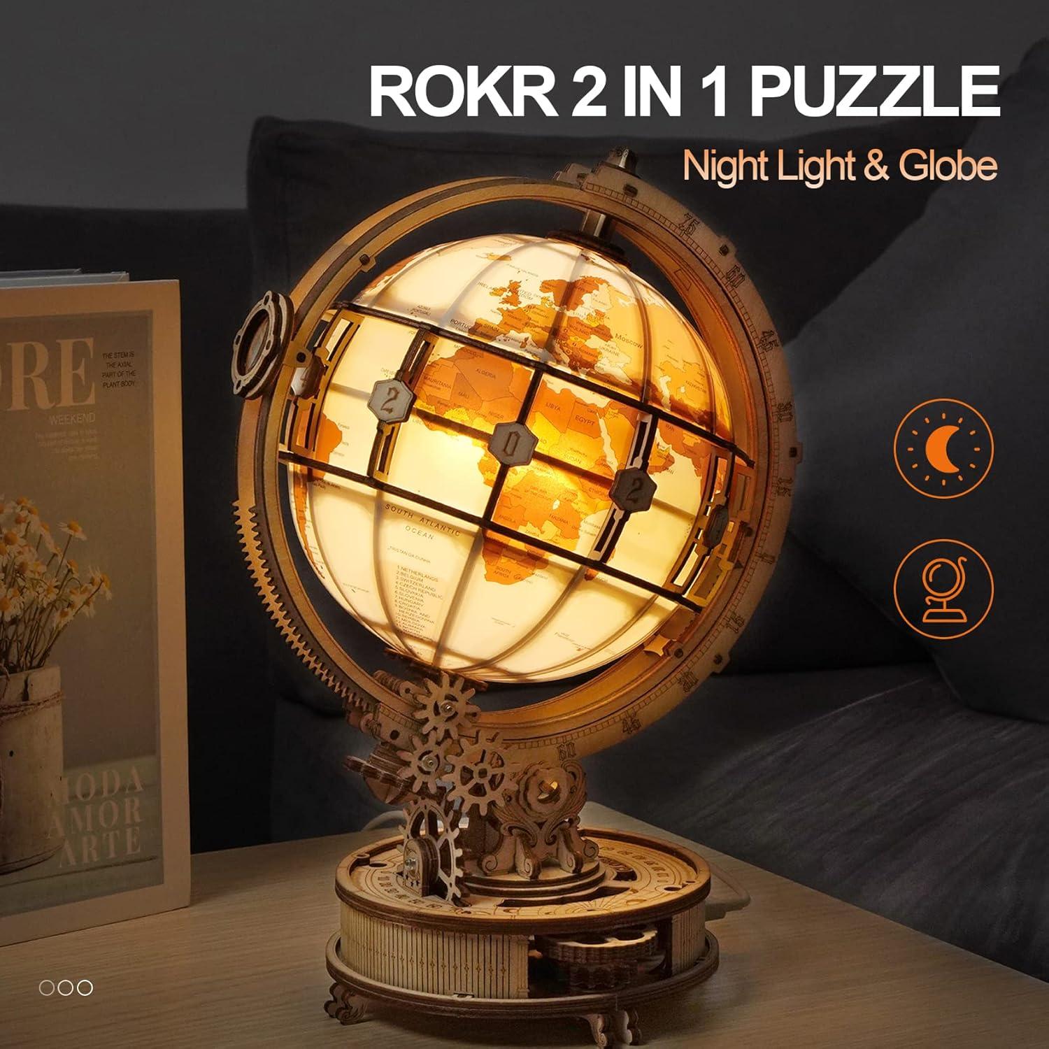 3D Wooden Puzzles for Adults, LED Illuminated Globe with Stand, 3D Wooden Globe Model Kits with LED Light, Unique Gift for Birthday/Anniversay