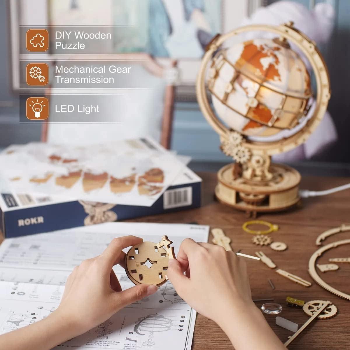 3D Wooden Puzzles for Adults, LED Illuminated Globe with Stand, 3D Wooden Globe Model Kits with LED Light, Unique Gift for Birthday/Anniversay