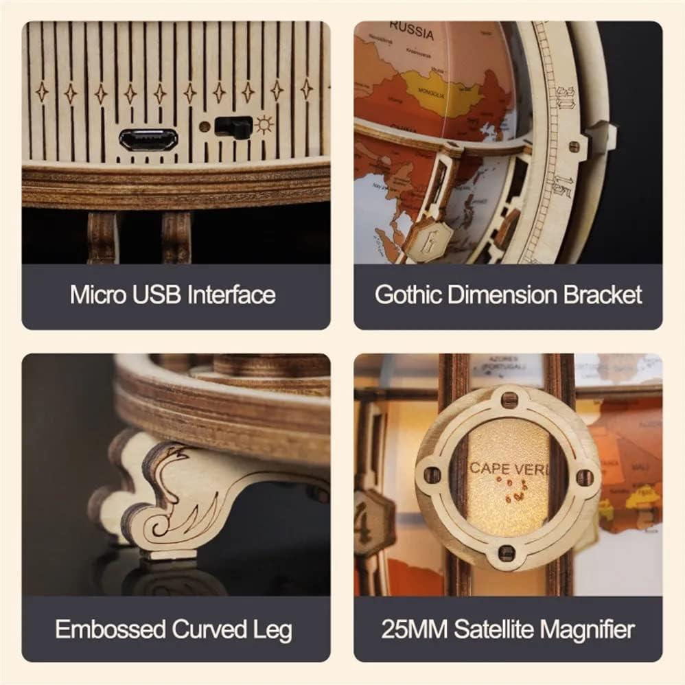 3D Wooden Puzzles for Adults, LED Illuminated Globe with Stand, 3D Wooden Globe Model Kits with LED Light, Unique Gift for Birthday/Anniversay