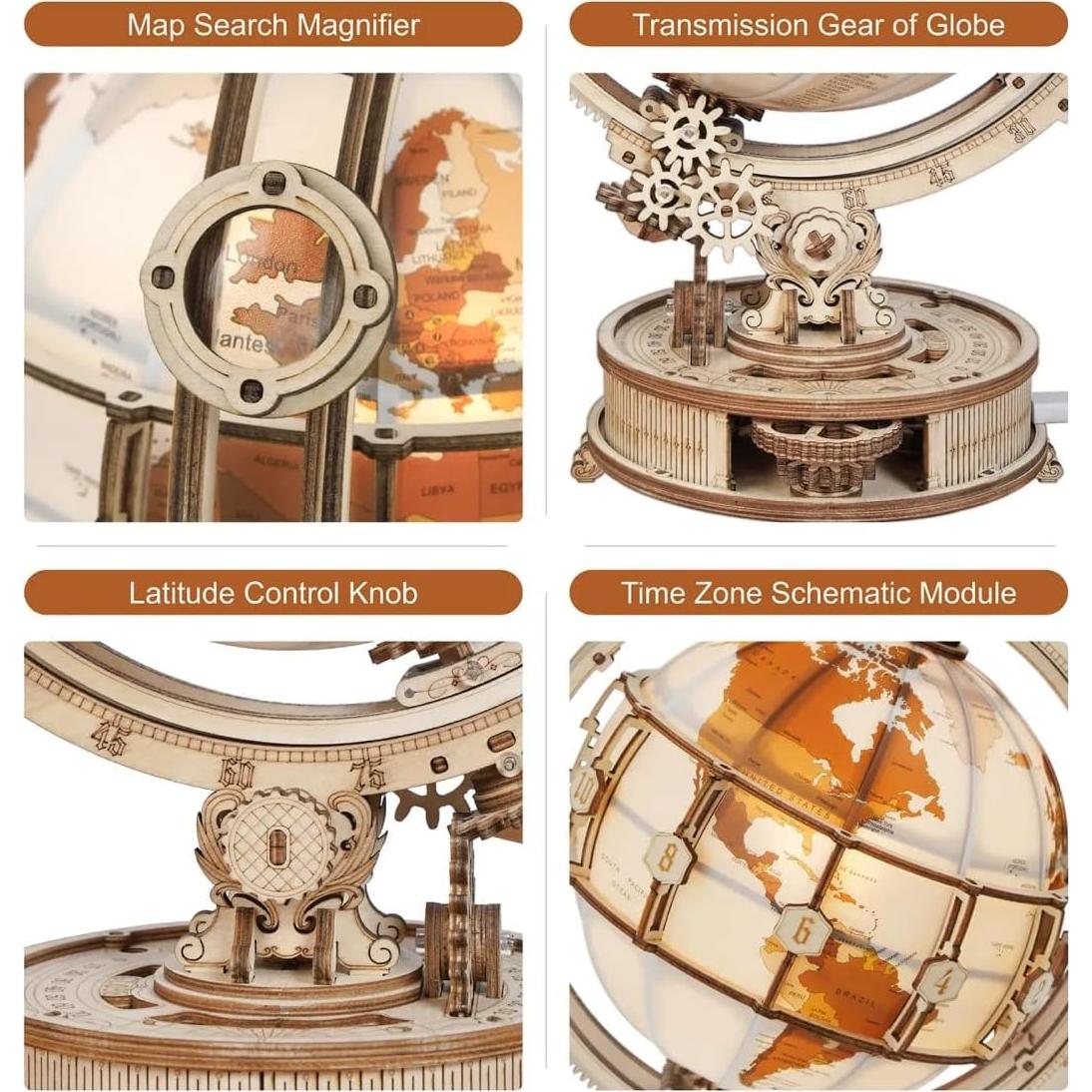 3D Wooden Puzzles for Adults, LED Illuminated Globe with Stand, 3D Wooden Globe Model Kits with LED Light, Unique Gift for Birthday/Anniversay