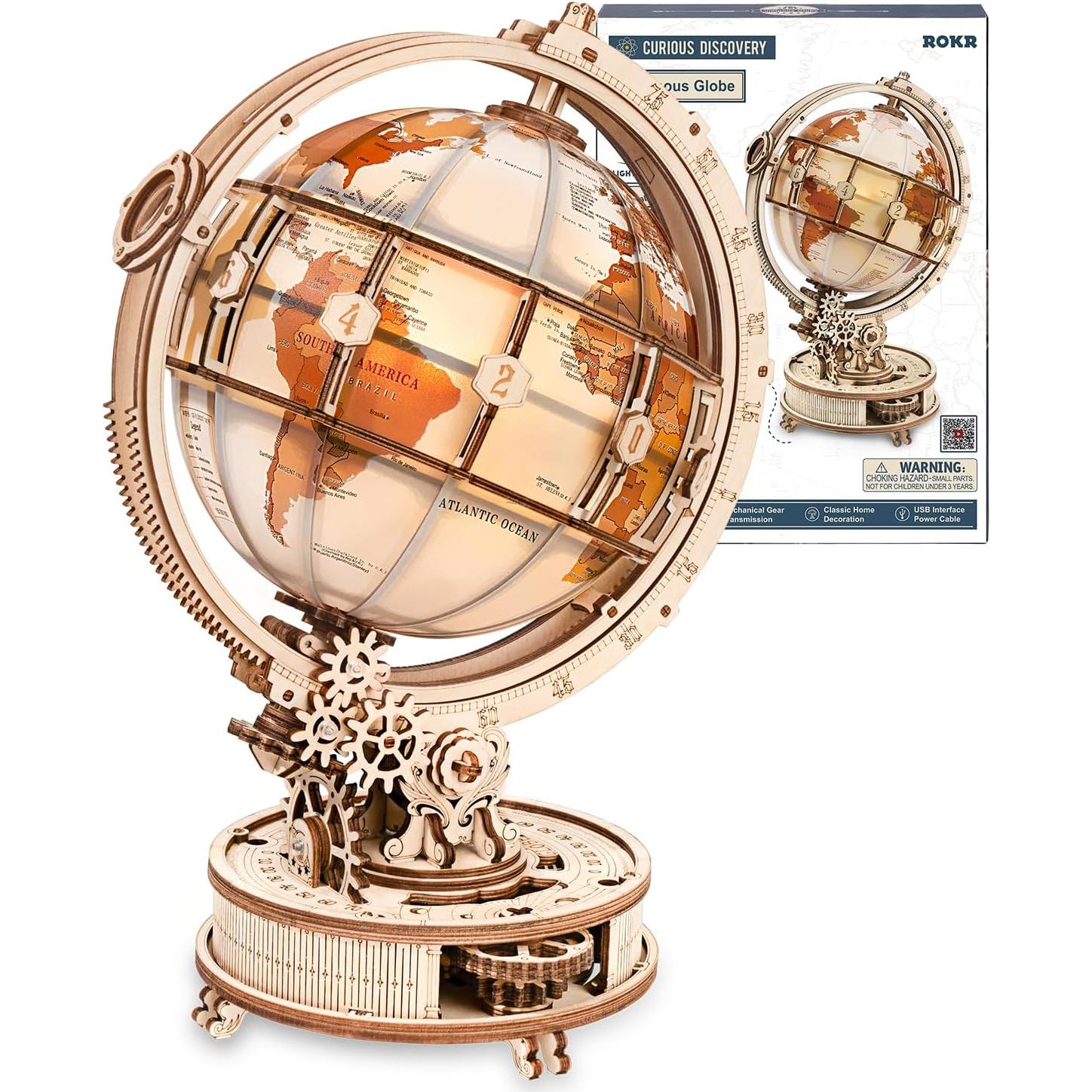 3D Wooden Puzzles for Adults, LED Illuminated Globe with Stand, 3D Wooden Globe Model Kits with LED Light, Unique Gift for Birthday/Anniversay