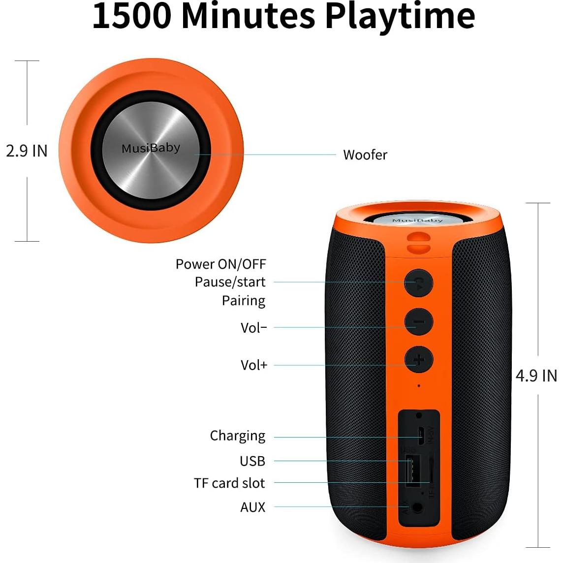 Altavoz Bluetooth MusiBaby M68 Naranja Impermeable 24H