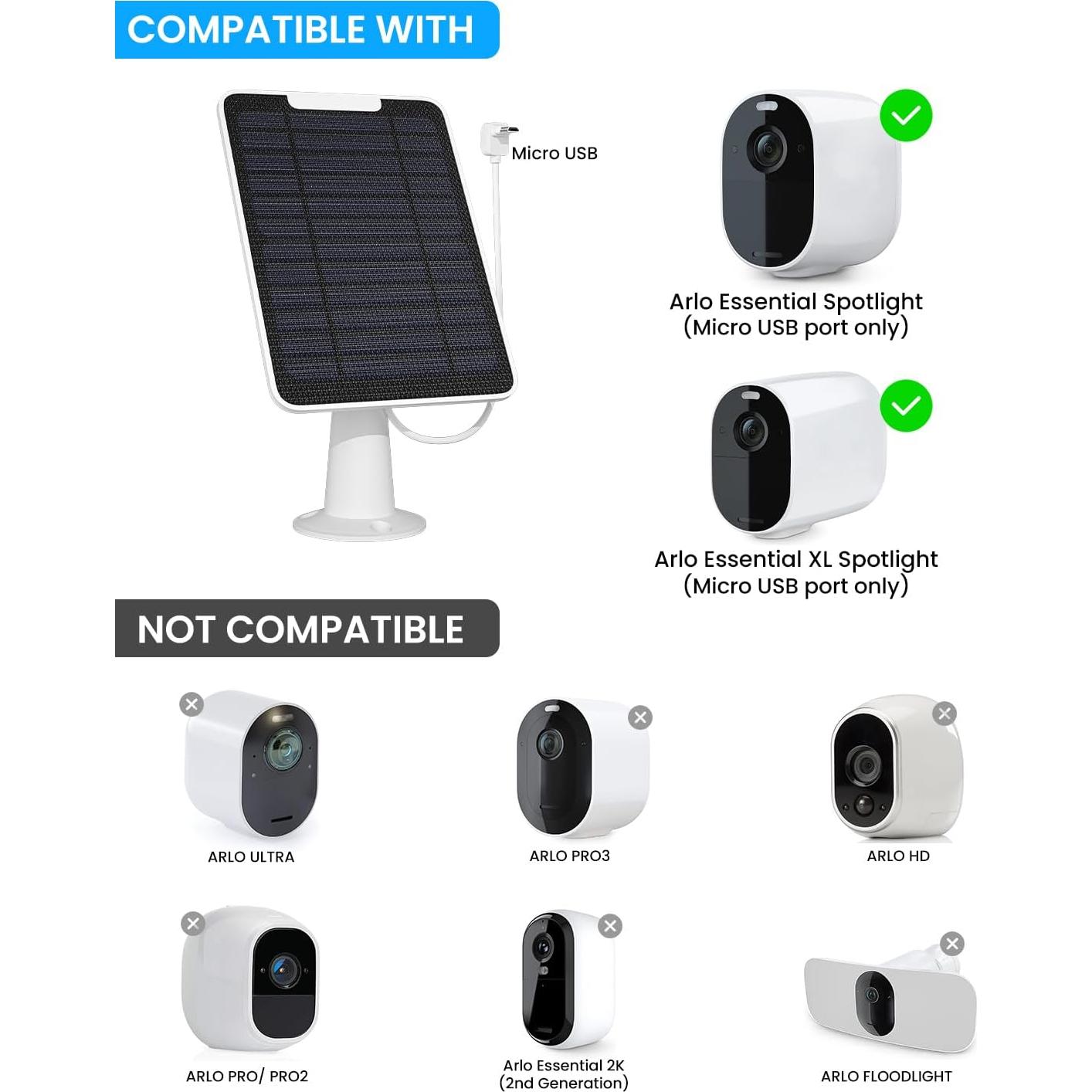 Cargador Solar WININMETA 5W para Cámara Arlo Essential - 2 Paquete