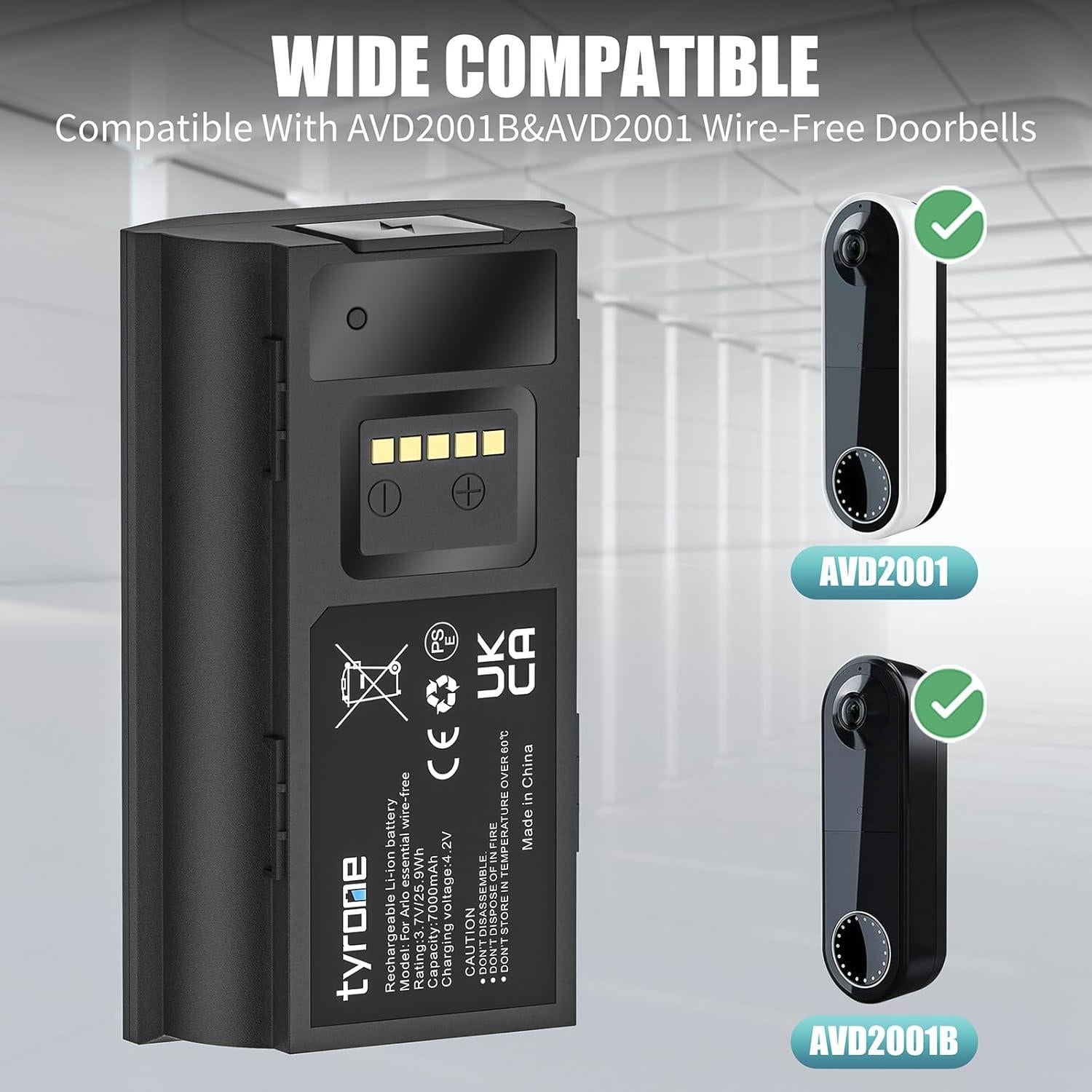 tyrone Doorbell Battery Compatible with Arlo, 7000mAh doorbell Rechargeable Battery Compatible for Arlo Essential Wire-Free Video Doorbell, Compatible with AVD2001 AVD2001B VMA2400 A-12