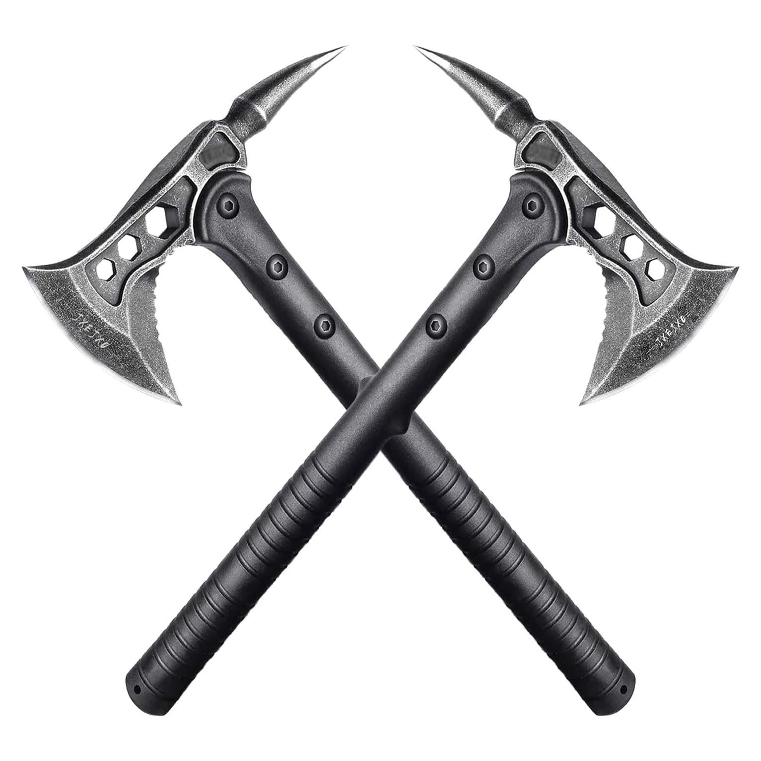 JXE JXO Camping Axe, Throwing Tactical Tomahawk with Spike, Survival Hatchet with Sheath, Nylon Fiber Handle for Outdoor Survival Hiking Camping （2 Pack）