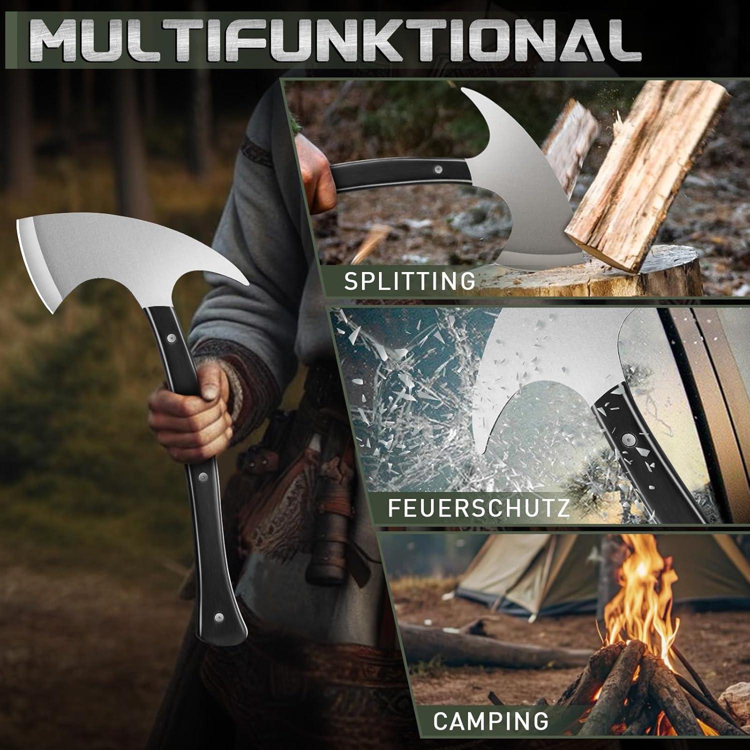 Full Tang Survival Camping Axe with Wood Ergonomic Handle and Nylon Sheath Sheath – High Carbon Stainless Steel, Multi-Tool for Outdoor, Hunting, Emergency (Big)