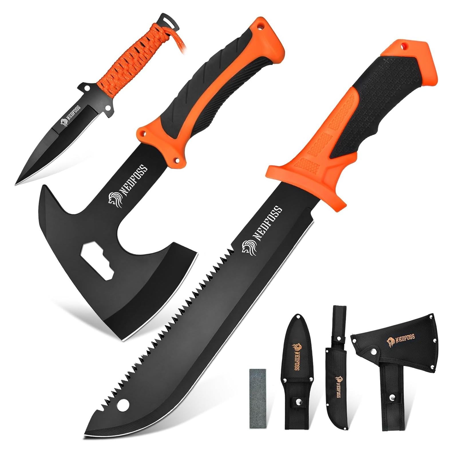 Juego de Supervivencia NedFoss: Machete 38cm, Hacha 25cm, Cuchillo 25cm