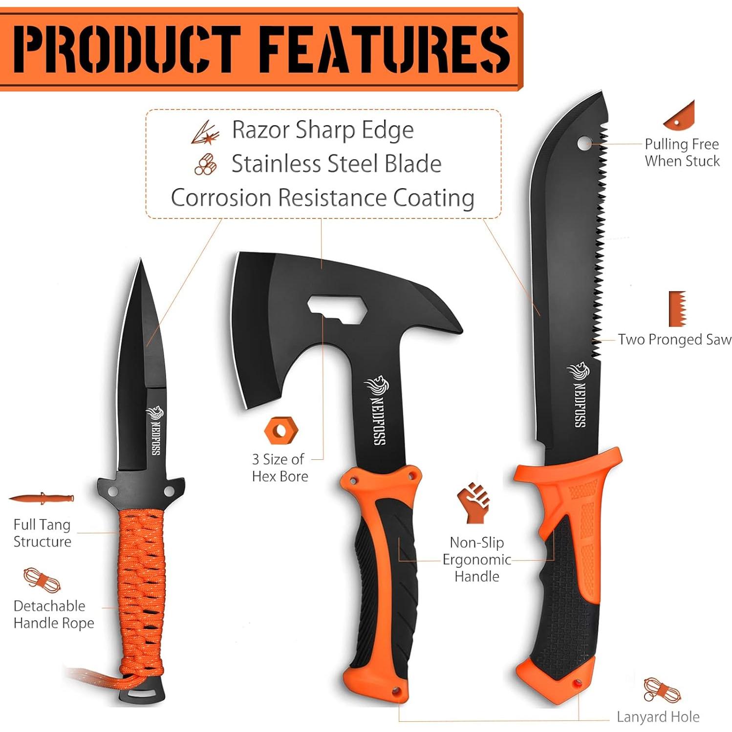 Juego de Supervivencia NedFoss: Machete 38cm, Hacha 25cm, Cuchillo 25cm