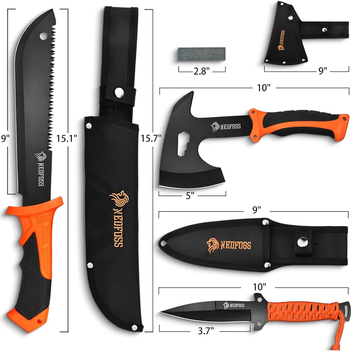 Juego de Supervivencia NedFoss: Machete 38cm, Hacha 25cm, Cuchillo 25cm