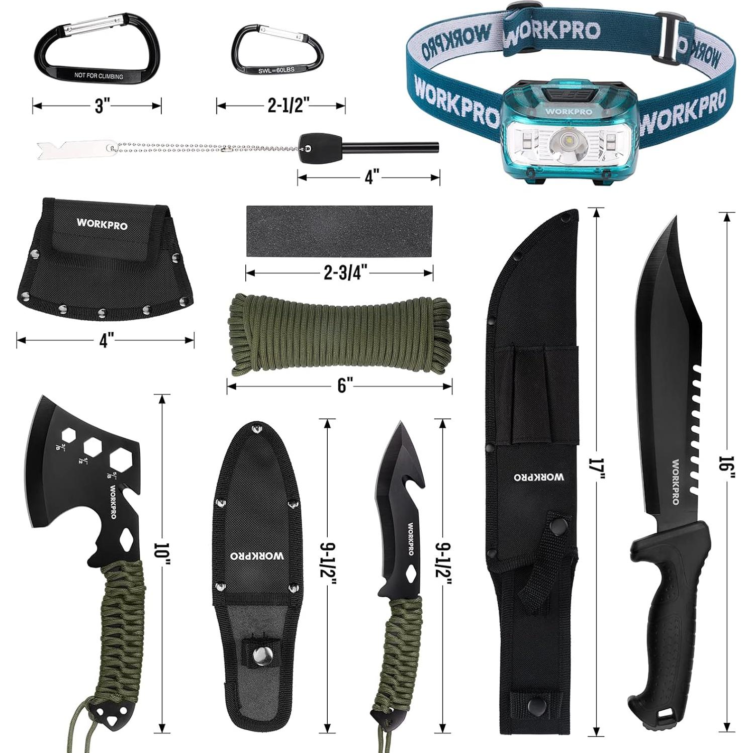 Juego de Herramientas de Camping WORKPRO 9 Piezas con Hacha y Machete