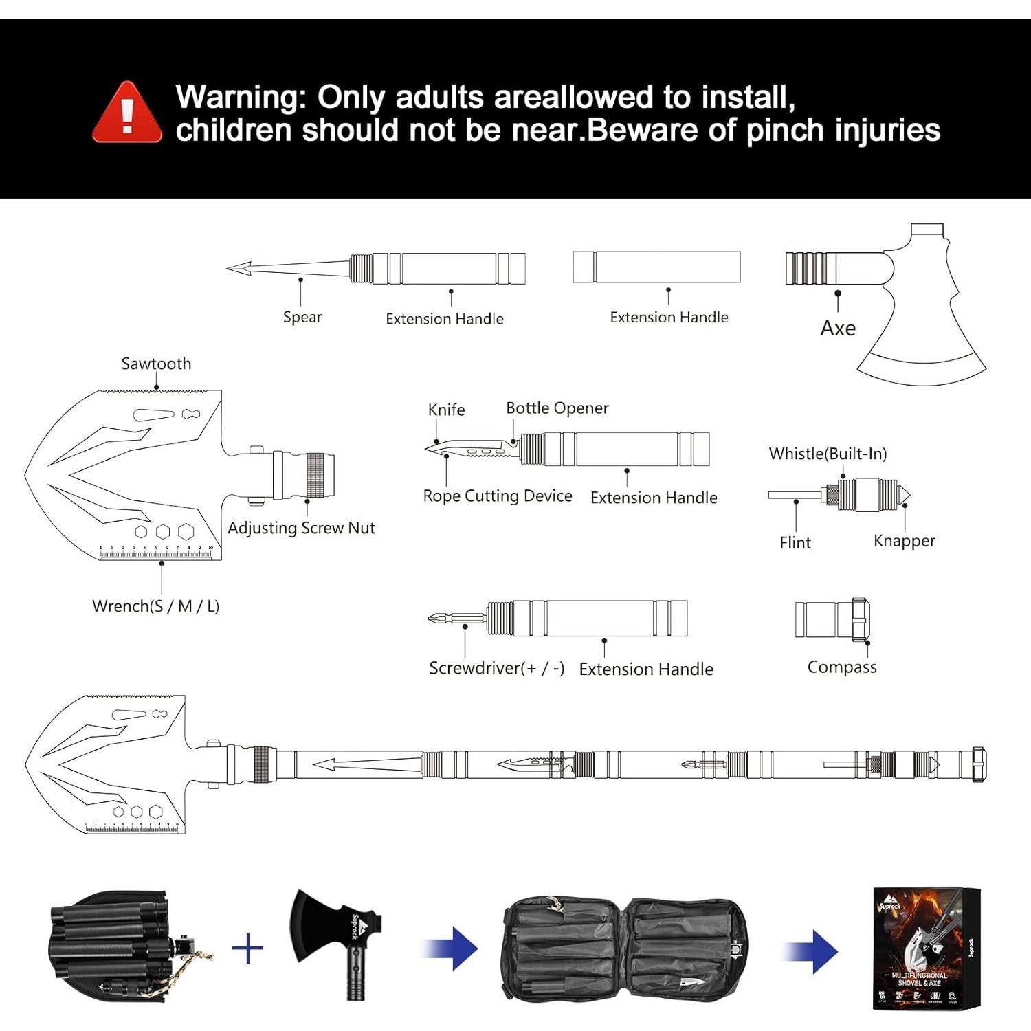 Pala Táctica Suprock 24 en 1 Plegable de Acero Alto Carbono