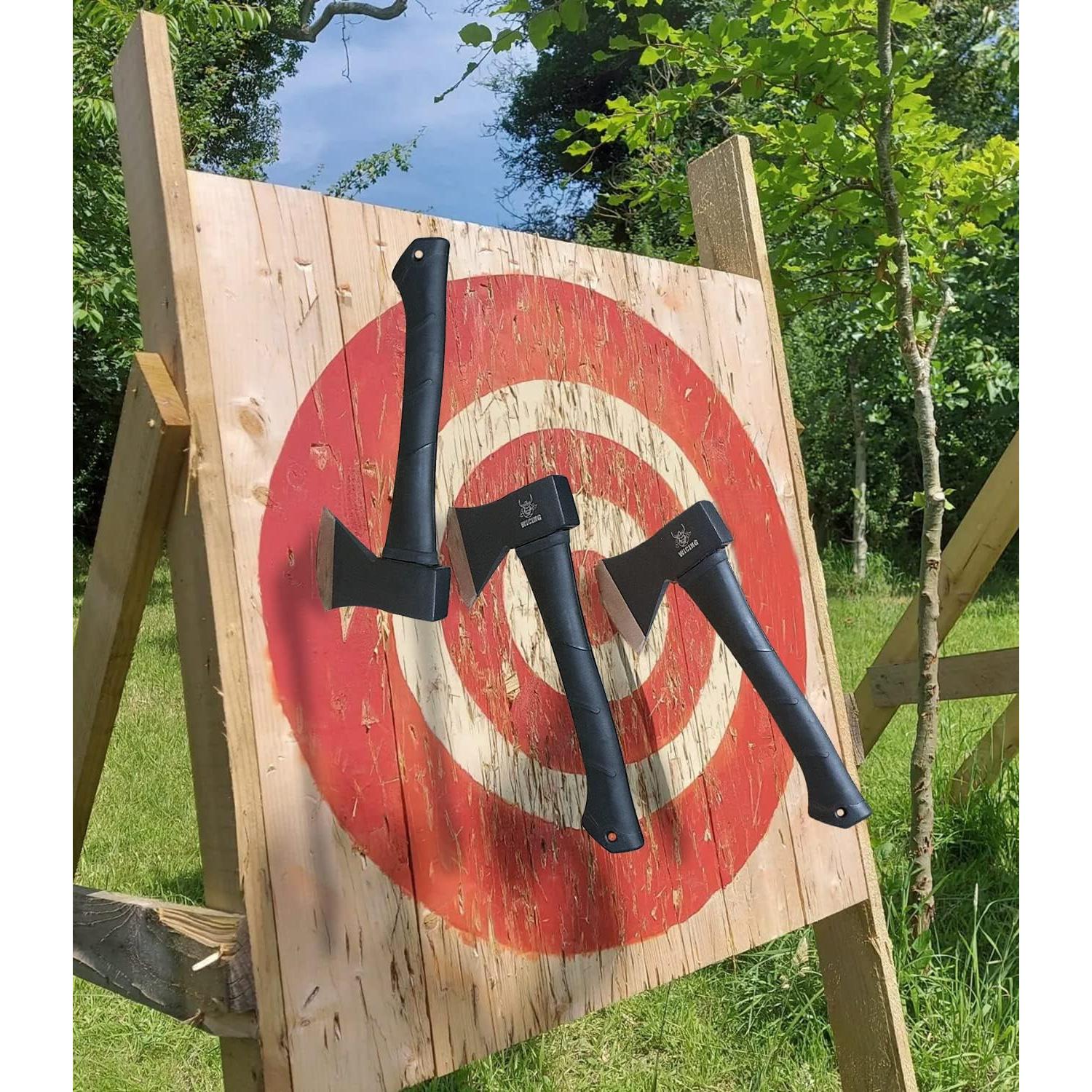 Throwing Axes and Tomahawks, 11.2 - inch Camping Hatchet Carbon Steel & Fiberglass Handle, with Anti-Slip & Shock Reduction for Axe Throwing, Camping, Kindling (3 Pack)