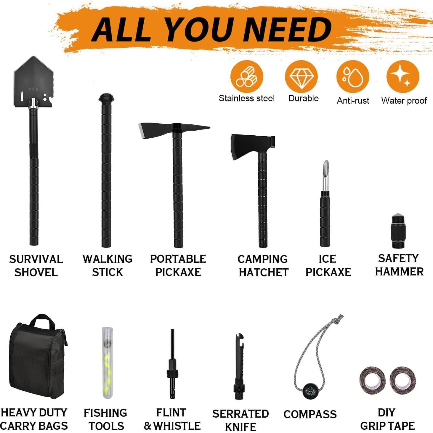 Kit de Supervivencia Off-Road Iunio 19 en 1 con Pala y Hacha