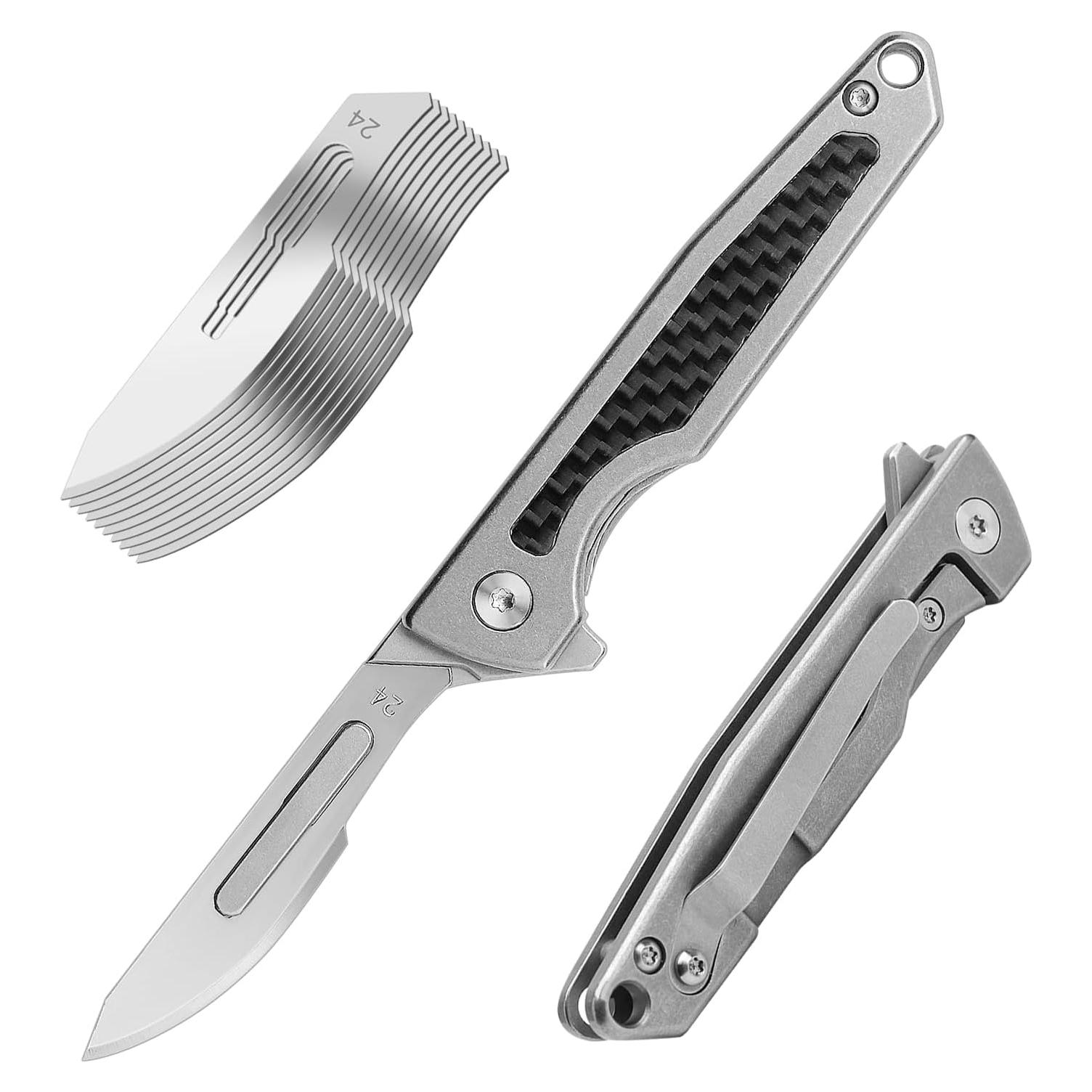 Titanium Folding Scalpel, Slim Razor Knife with Frame Lock, 10pcs #24 Replaceable Carbon Steel Blades, EDC Utility Pocket Knife with Clip, Surgical Keychain Knives for Men Hunting Skinning Outdoor (#24)