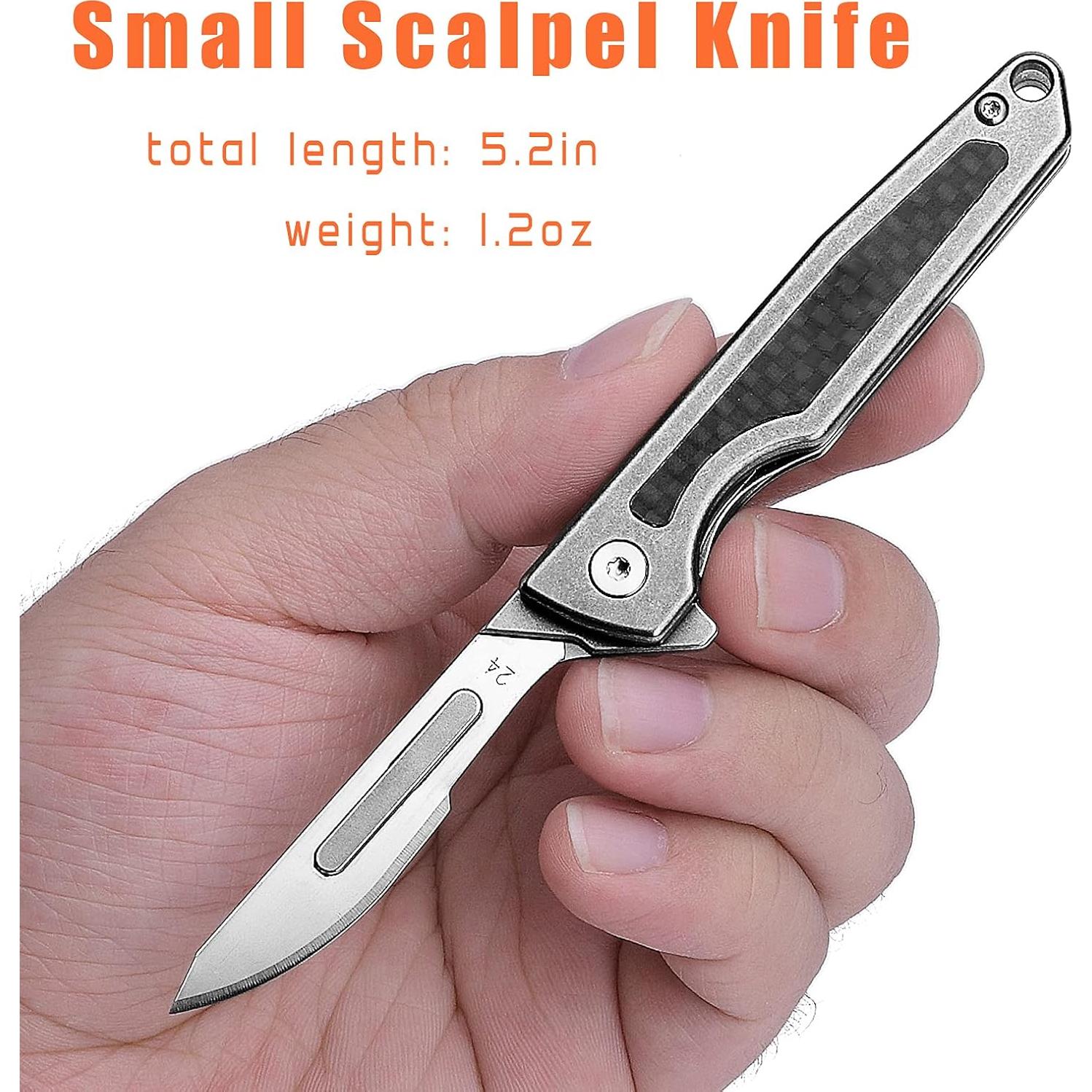 Titanium Folding Scalpel, Slim Razor Knife with Frame Lock, 10pcs #24 Replaceable Carbon Steel Blades, EDC Utility Pocket Knife with Clip, Surgical Keychain Knives for Men Hunting Skinning Outdoor (#24)