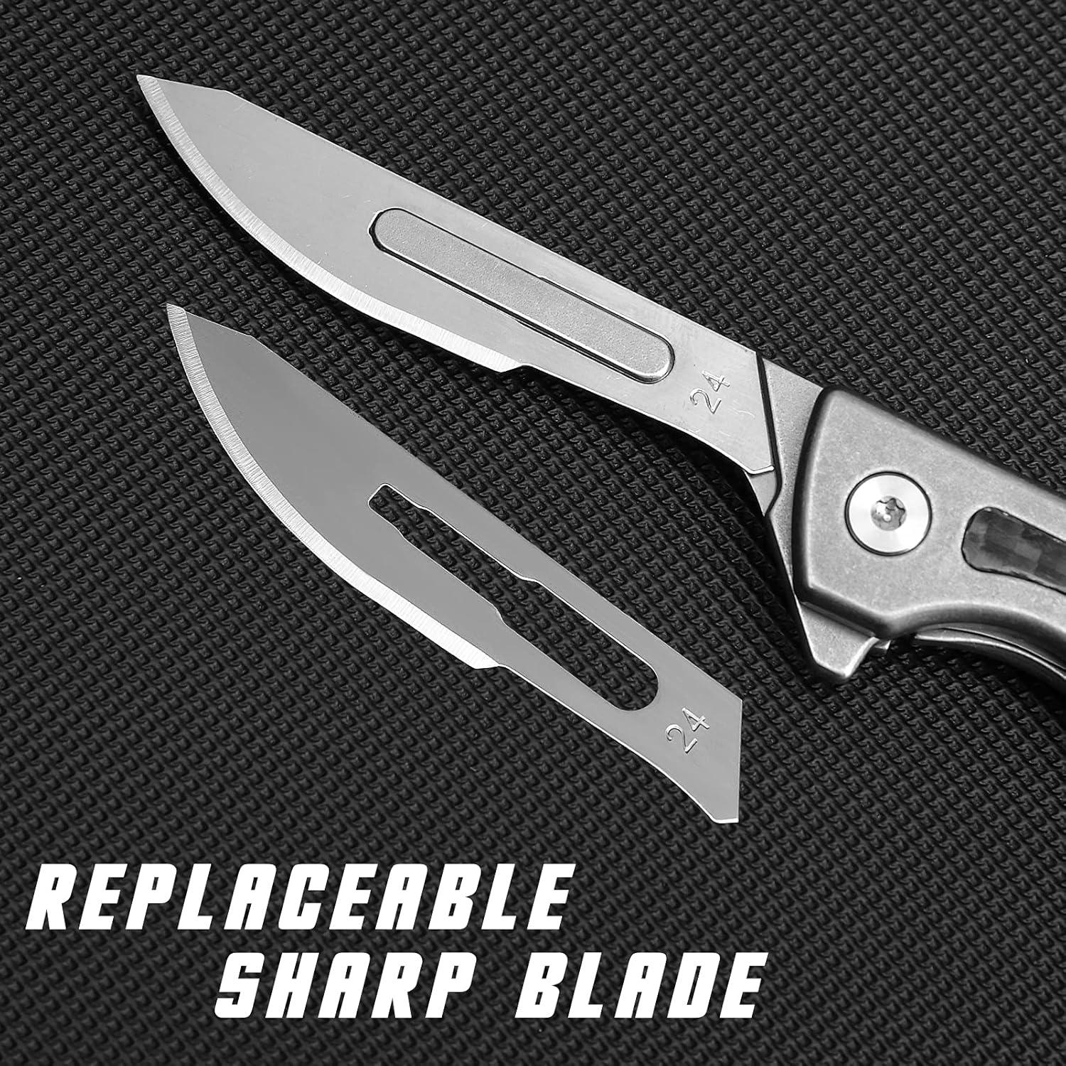 Titanium Folding Scalpel, Slim Razor Knife with Frame Lock, 10pcs #24 Replaceable Carbon Steel Blades, EDC Utility Pocket Knife with Clip, Surgical Keychain Knives for Men Hunting Skinning Outdoor (#24)