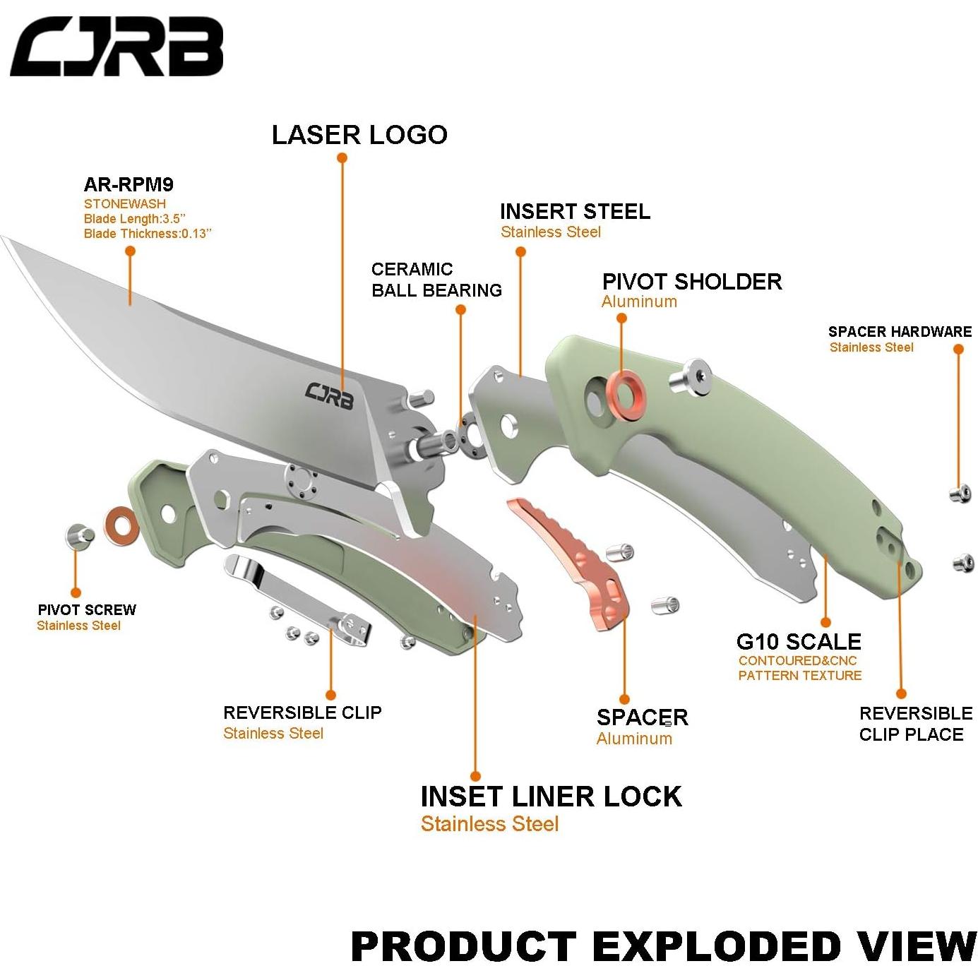 CJRB Small Folding Pocket Knife with Stonewash AR-RPM9 Powder Steel Blade and G10 Handle Tactical Knife for Men Womens EDC Outdoor Survival Camping Hunting Hiking, Gobi(J1906) Natural Green