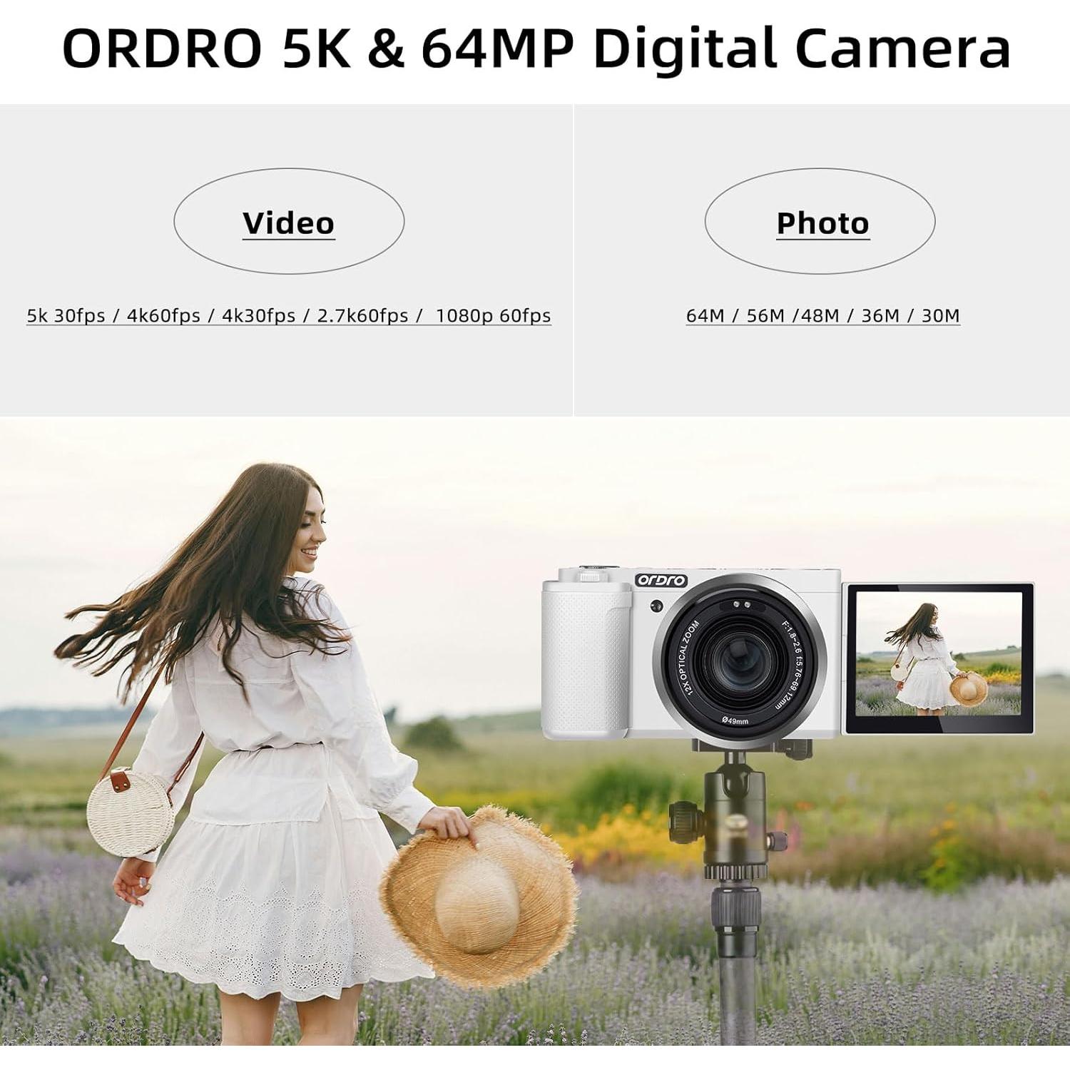 Cámara Digital ORDRO G730 5K 64MP 12X Zoom Óptico Blanca