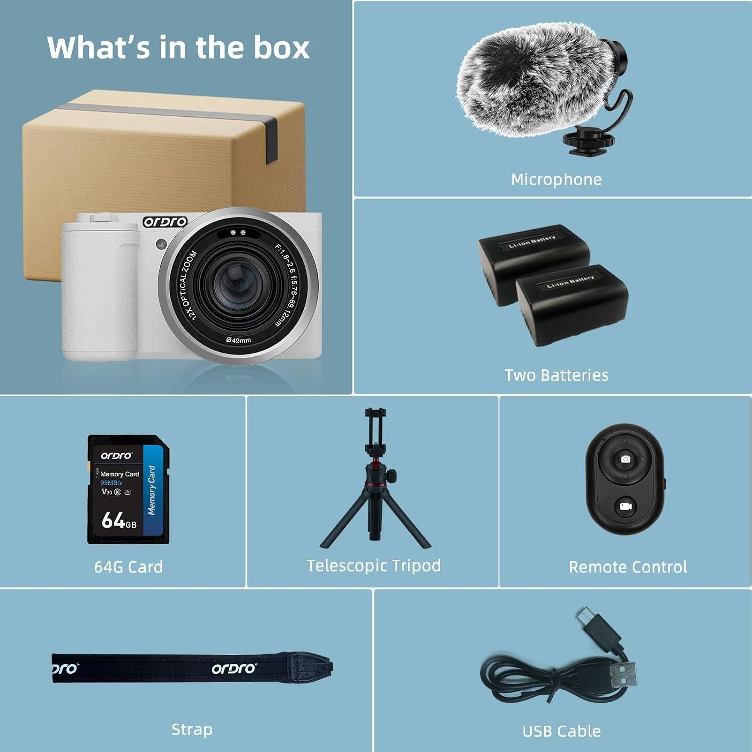 Cámara Digital ORDRO G730 5K 64MP 12X Zoom Óptico Blanca