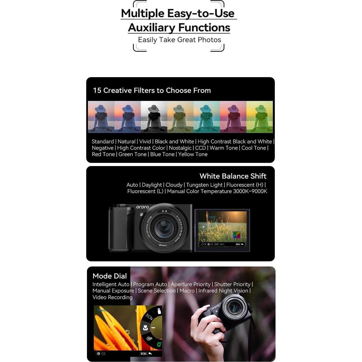 5K Digital Camera Vlogging Camera for Content Creators and Vloggers, 64MP Digital Camera for Photography Flip Screen, 12X Optical Zoom Camera, Auto Focus, IR Night Vision Function, 64GB Card