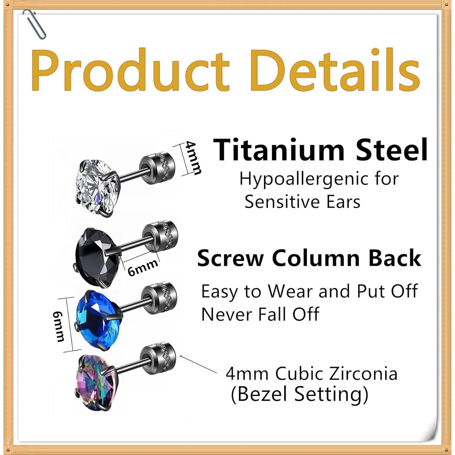 Pendientes Hopply 4 Pares Acero Inoxidable 6mm Zirconia Cubica