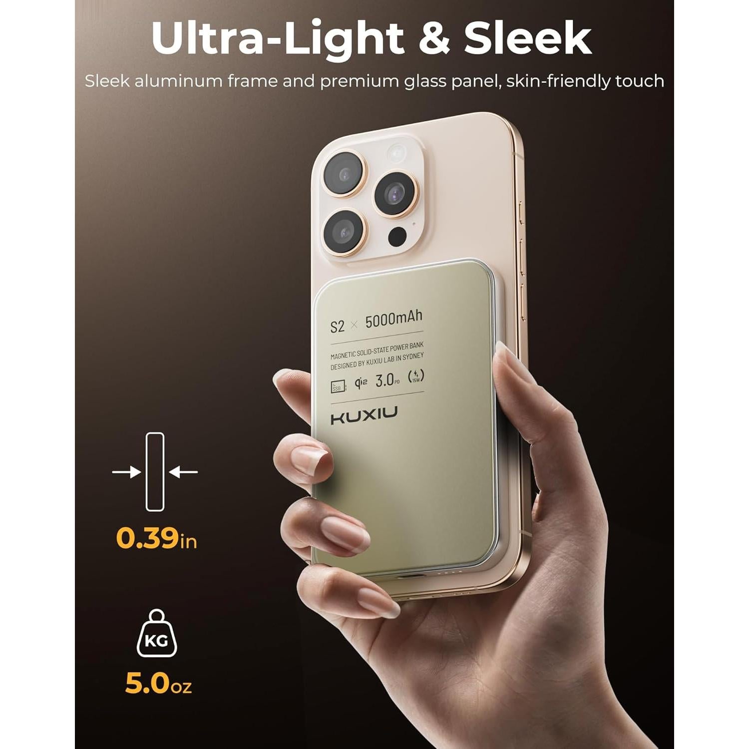 Cargador Portátil KUXIU S2 5000mAh Magnético Qi2 15W Titanio