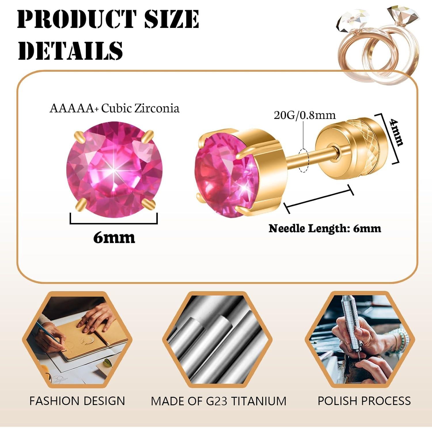 Pendientes de Titanio Puro G23 Hipoalergénicos con Zirconia 6mm