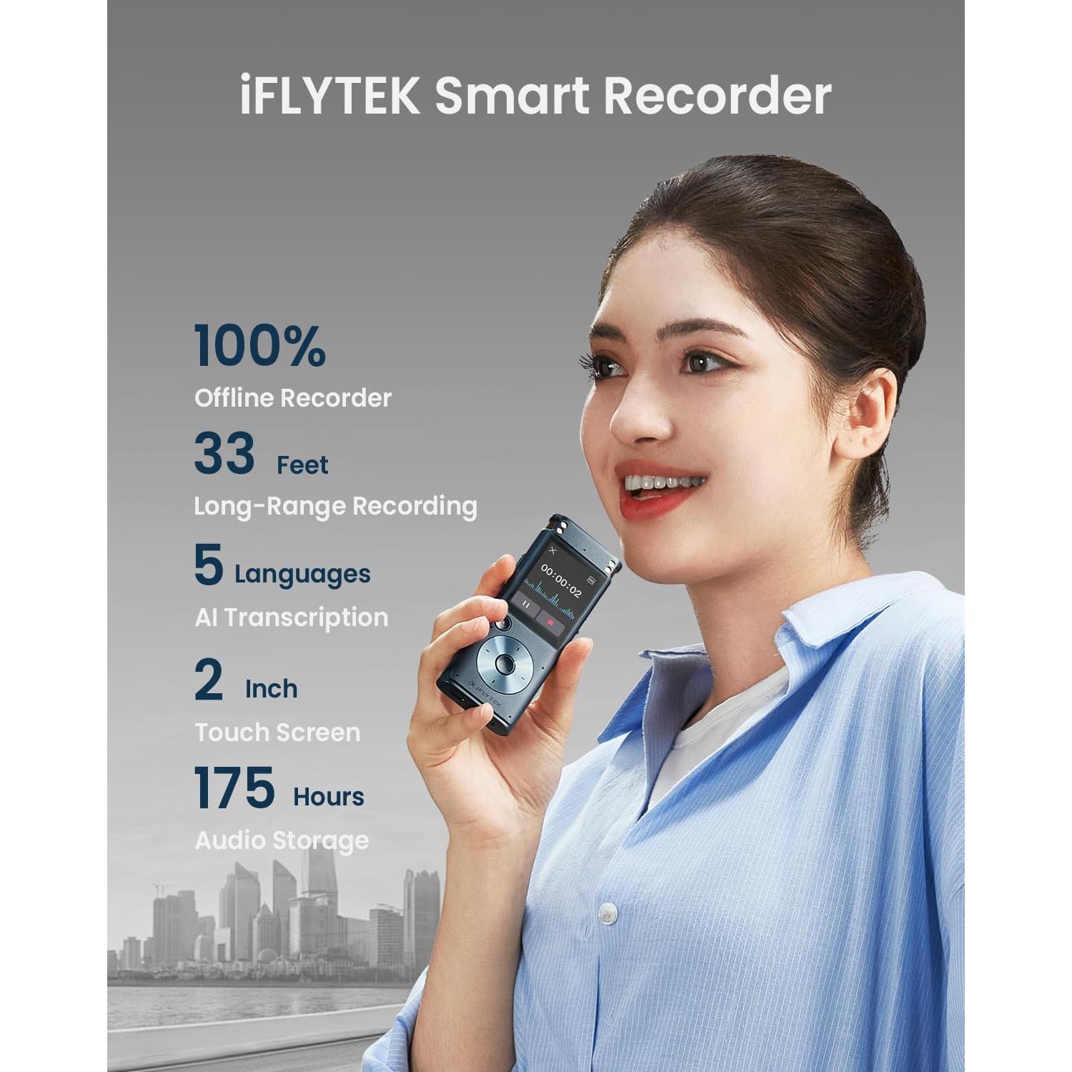 Grabadora de Voz Digital iFLYTEK con Pantalla Táctil 2" y Transcripción