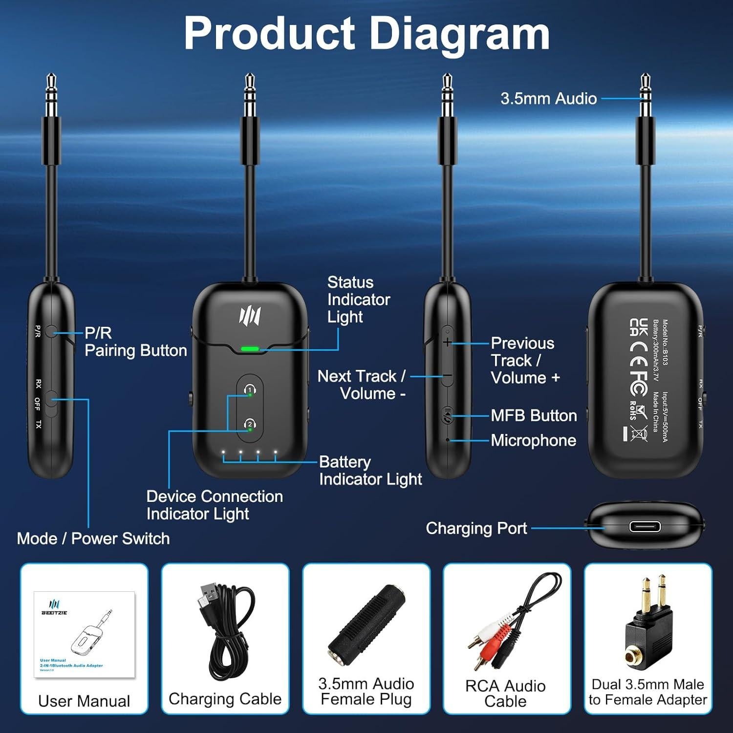 Adaptador Bluetooth 5.4 Beeitzie B103 2-en-1 para Aviones