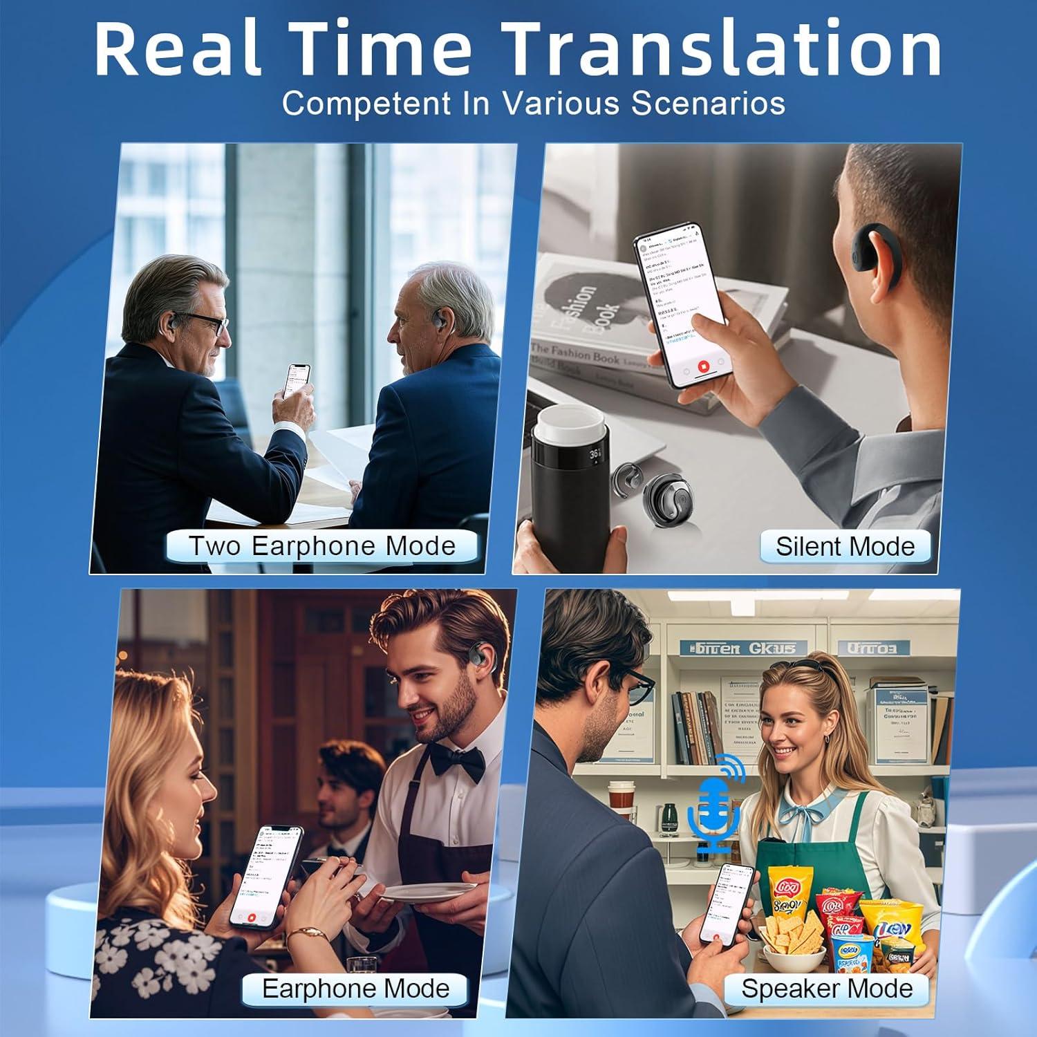 Translation Earbuds Real Time, Ai Translator Earbuds Bluetooth Wireless - Supports 144+ Languages, Over-Ear AI Headphones for iOS and Android, Ideal for Travel and Business (Black)