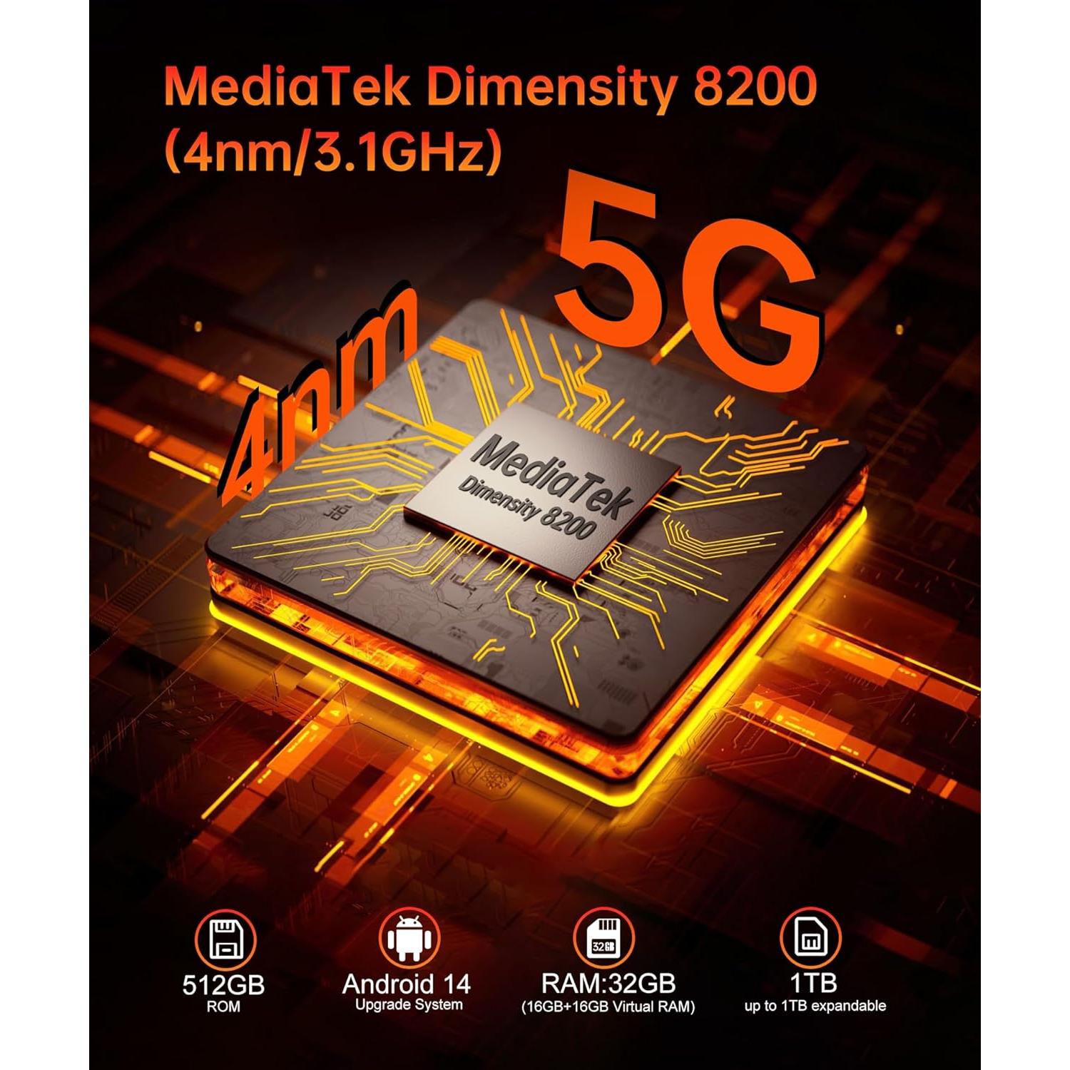 Tank 3s 5G Rugged Smartphone, Android 14 Waterproof Rugged Phone with Projector, 32GB+512GB, 6.79’’ Unlocked Cell Phones Compatible with T-Mobile/Verizon, 1TB Expand/66W Fast Charging/GPS/OTG