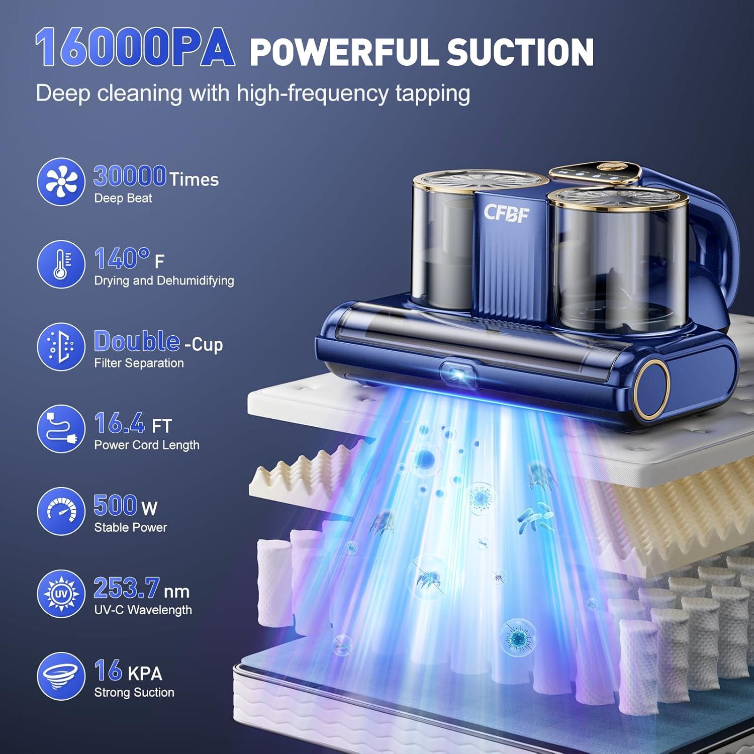 Mattress Vacuum Cleaner, Bed Vacuum Cleaner with 16Kpa Suction 253.7nm UV-C Light, Ultrasonic & High Heating, 500W Powerful Double-Cup Handheld Vacuums for Bed, Sofa, Couch, Crib, 16.4FT Corded
