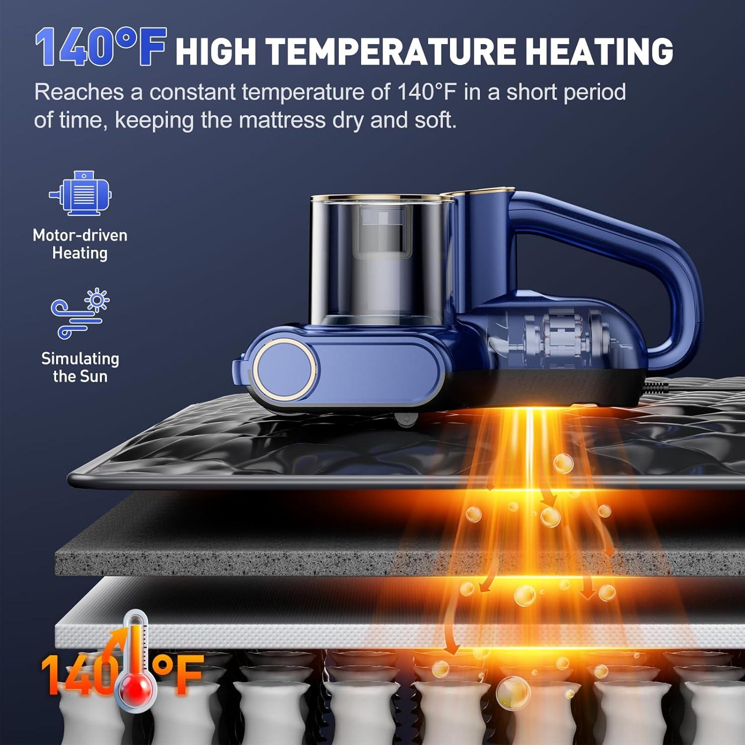Mattress Vacuum Cleaner, Bed Vacuum Cleaner with 16Kpa Suction 253.7nm UV-C Light, Ultrasonic & High Heating, 500W Powerful Double-Cup Handheld Vacuums for Bed, Sofa, Couch, Crib, 16.4FT Corded