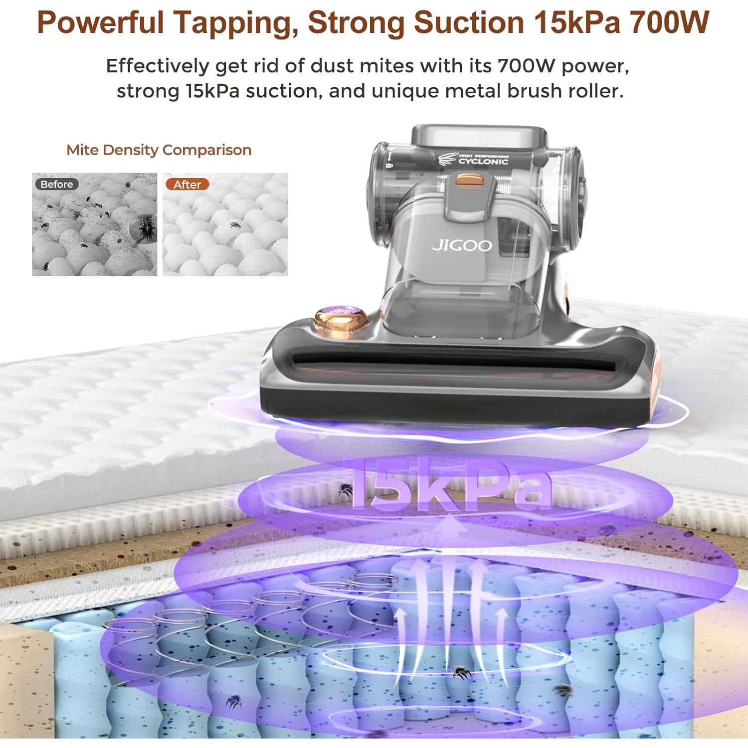 JIGOO T600 Bed Vacuum Cleaner with UV-C Light, 15Kpa Suction 700W Powerful Double Cup Handheld Vacuums, Mattress Vacuum Cleaner with Smart Dust Sensor, Ultrasonic & Heating Tech, HEPA Filter - Corded