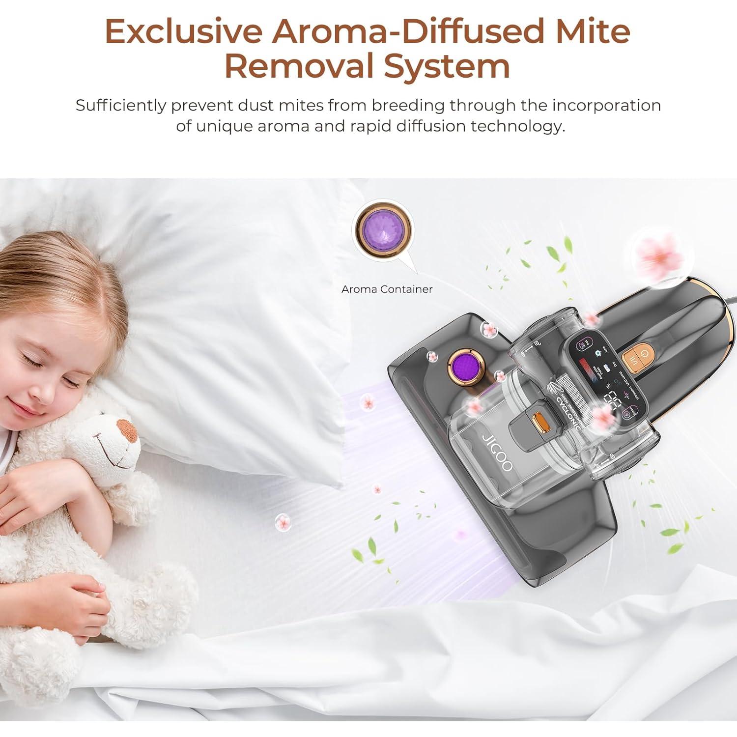 JIGOO T600 Bed Vacuum Cleaner with UV-C Light, 15Kpa Suction 700W Powerful Double Cup Handheld Vacuums, Mattress Vacuum Cleaner with Smart Dust Sensor, Ultrasonic & Heating Tech, HEPA Filter - Corded