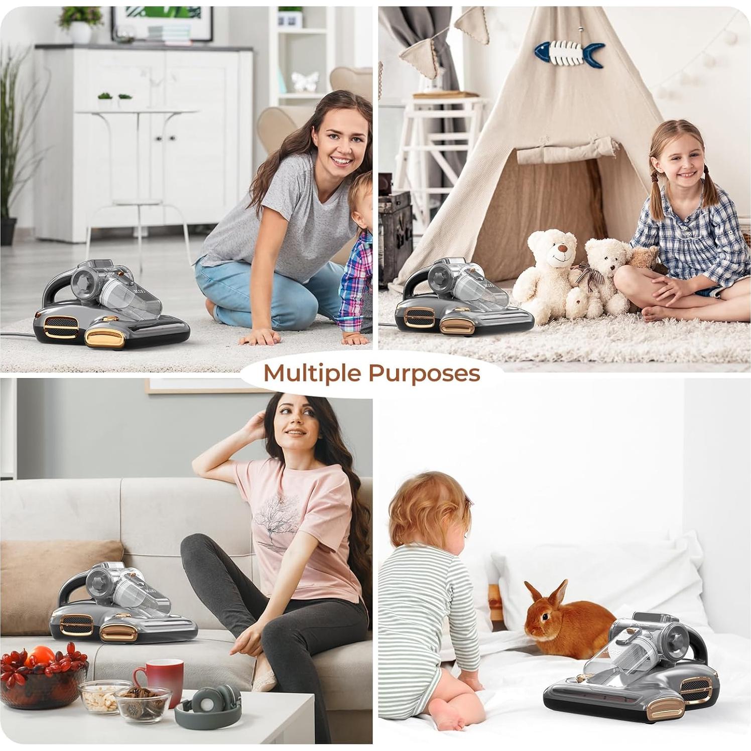 JIGOO T600 Bed Vacuum Cleaner with UV-C Light, 15Kpa Suction 700W Powerful Double Cup Handheld Vacuums, Mattress Vacuum Cleaner with Smart Dust Sensor, Ultrasonic & Heating Tech, HEPA Filter - Corded