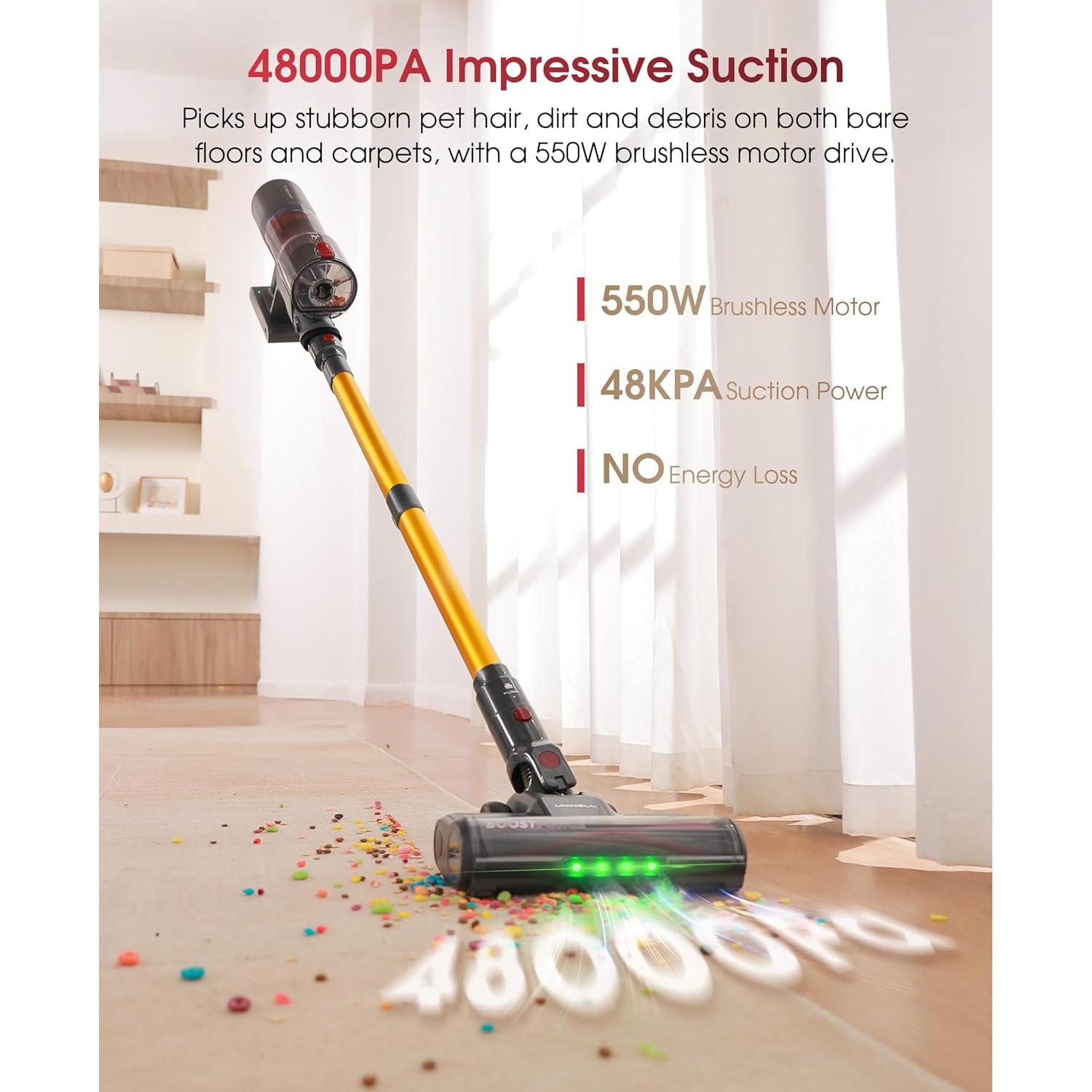 UNINELL HOME Cordless Vacuum Cleaner, 48000Pa 550W 65Mins Vacuum Cleaners for Home,LED Touch Display, Anti-Tangle Stick Vacuum Self-Standing, Vacuum Cordless Rechargeable for Pet Hair/Carpet