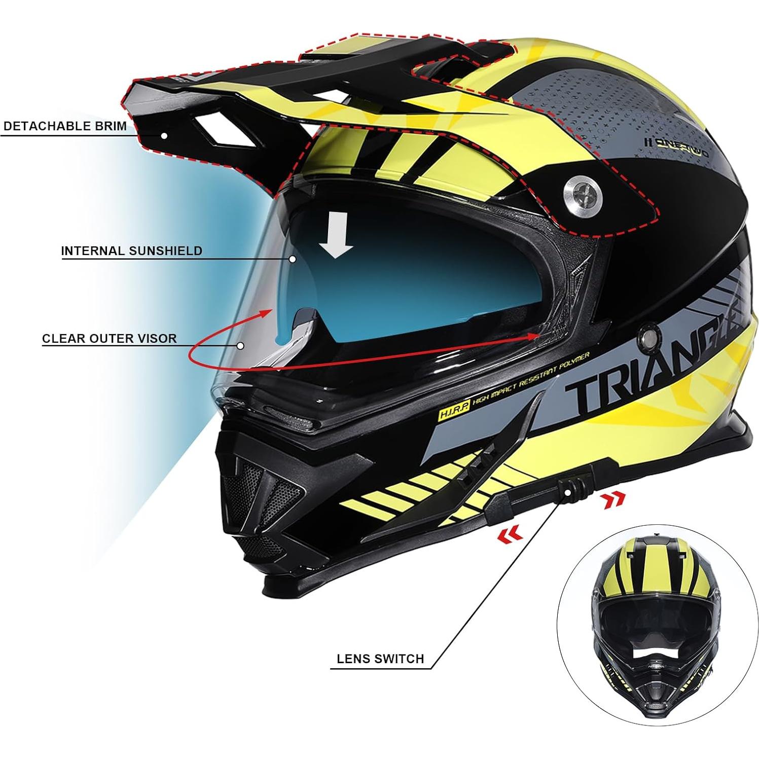 Casco de Motocicleta TRIANGLE AH609 Doble Visera Amarillo