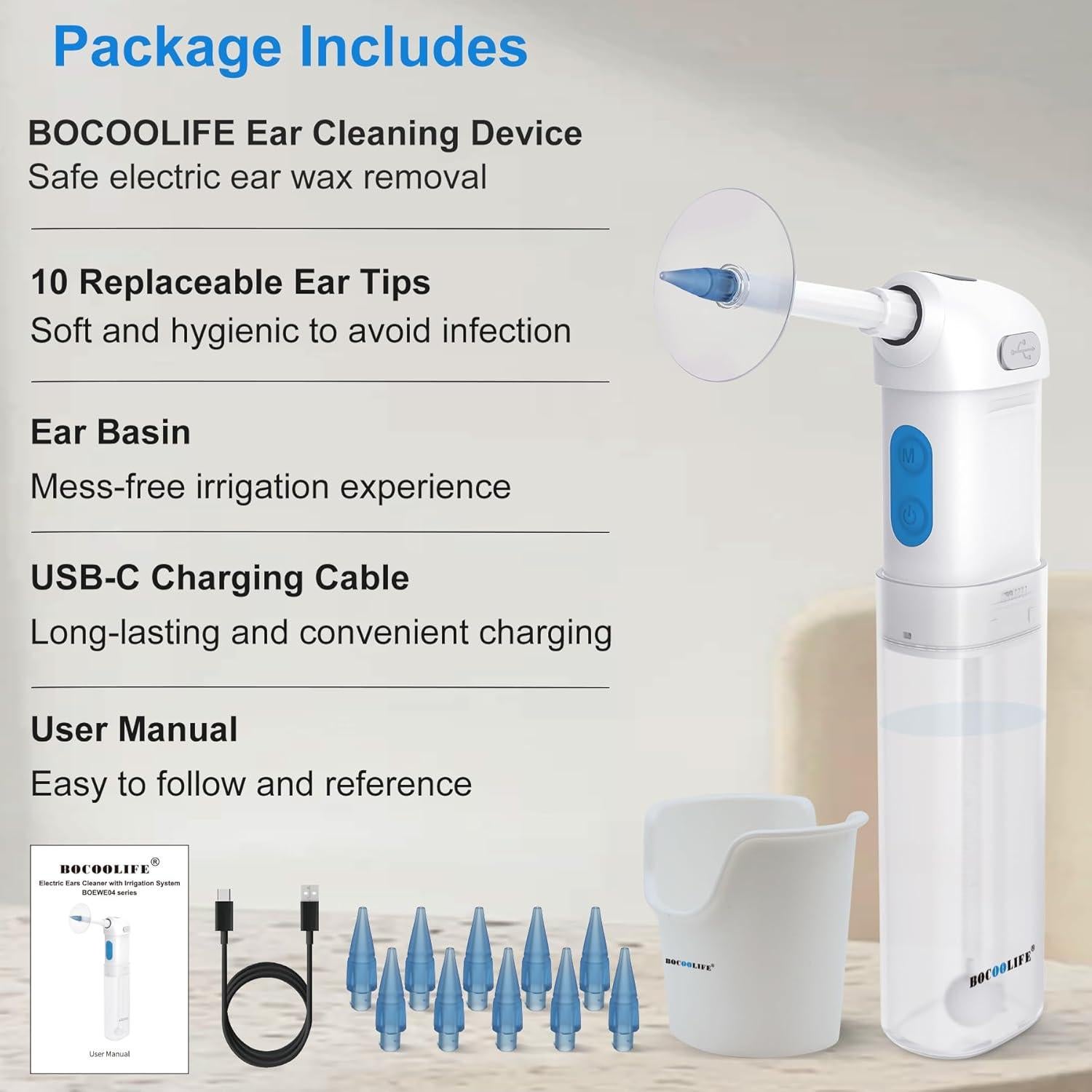 Limpiador de Oídos Eléctrico BOCOOLIFE con Pantalla LED y 4 Modos