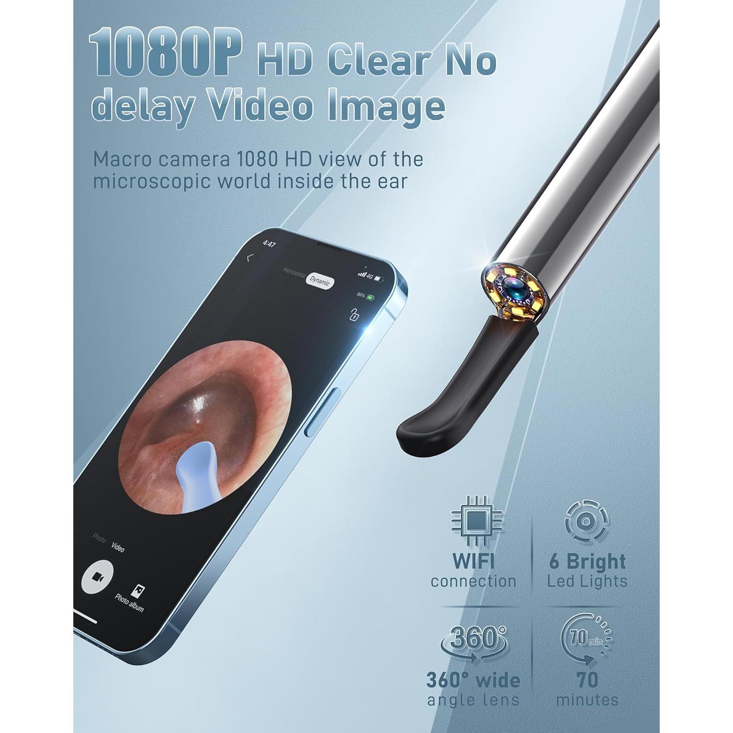 Limpiador de Oídos Crazysoul con Cámara 1080P y 7 Piezas