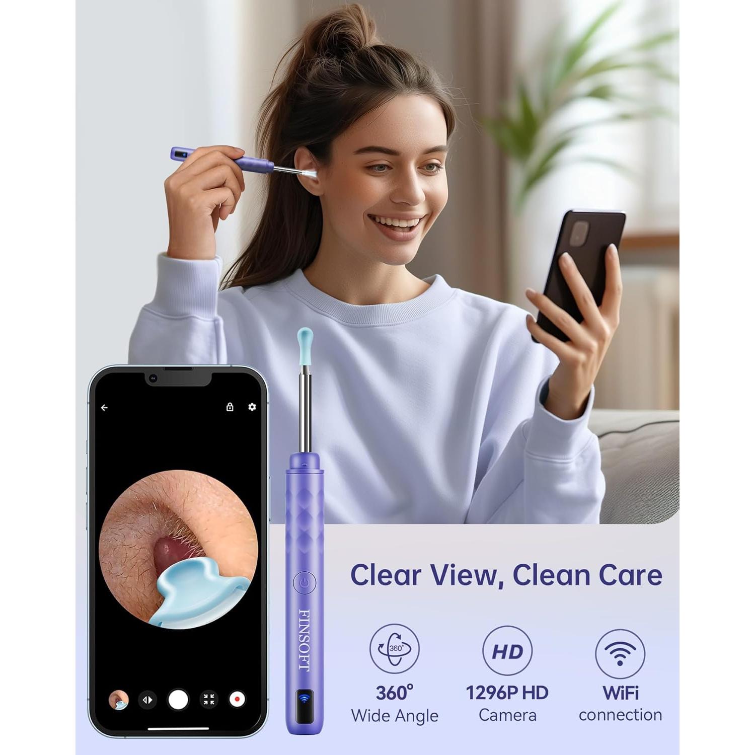 Limpiador de Oídos FINSOFT con Cámara HD 1296P y 10 Puntas