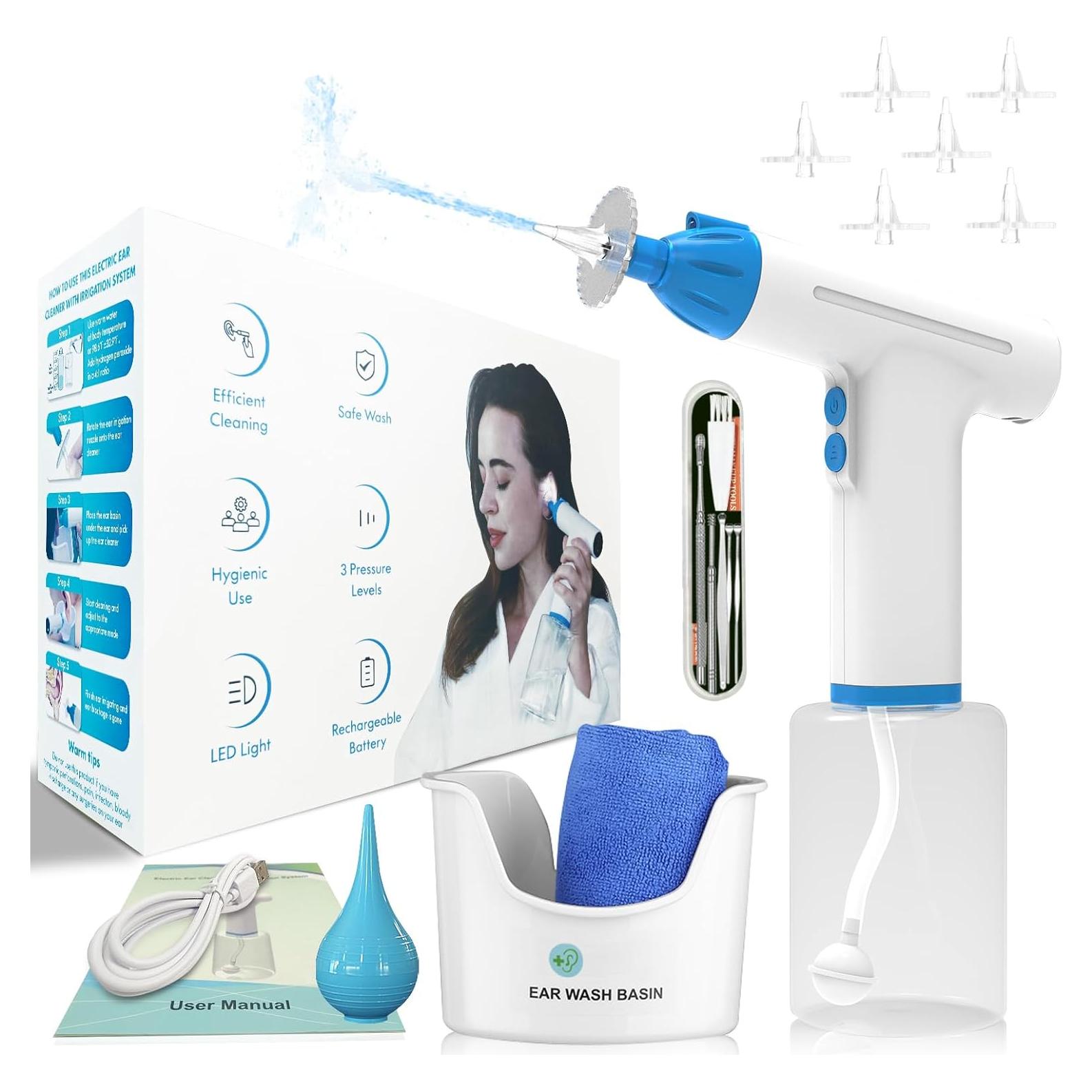 Ear Wax Removal Kit, Electric Ear Cleaner with Ear Irrigation System, Safe and Effective Ear Wax Removal Tool with LED Light & 3 Water Pressure Modes, Ear Flush Kit for Adults