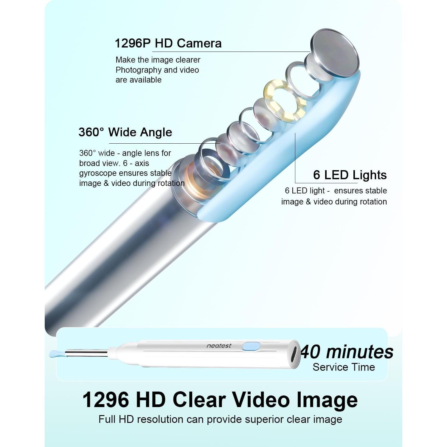 Limpiador de Oídos Inteligente NEATEST con Cámara 1296P