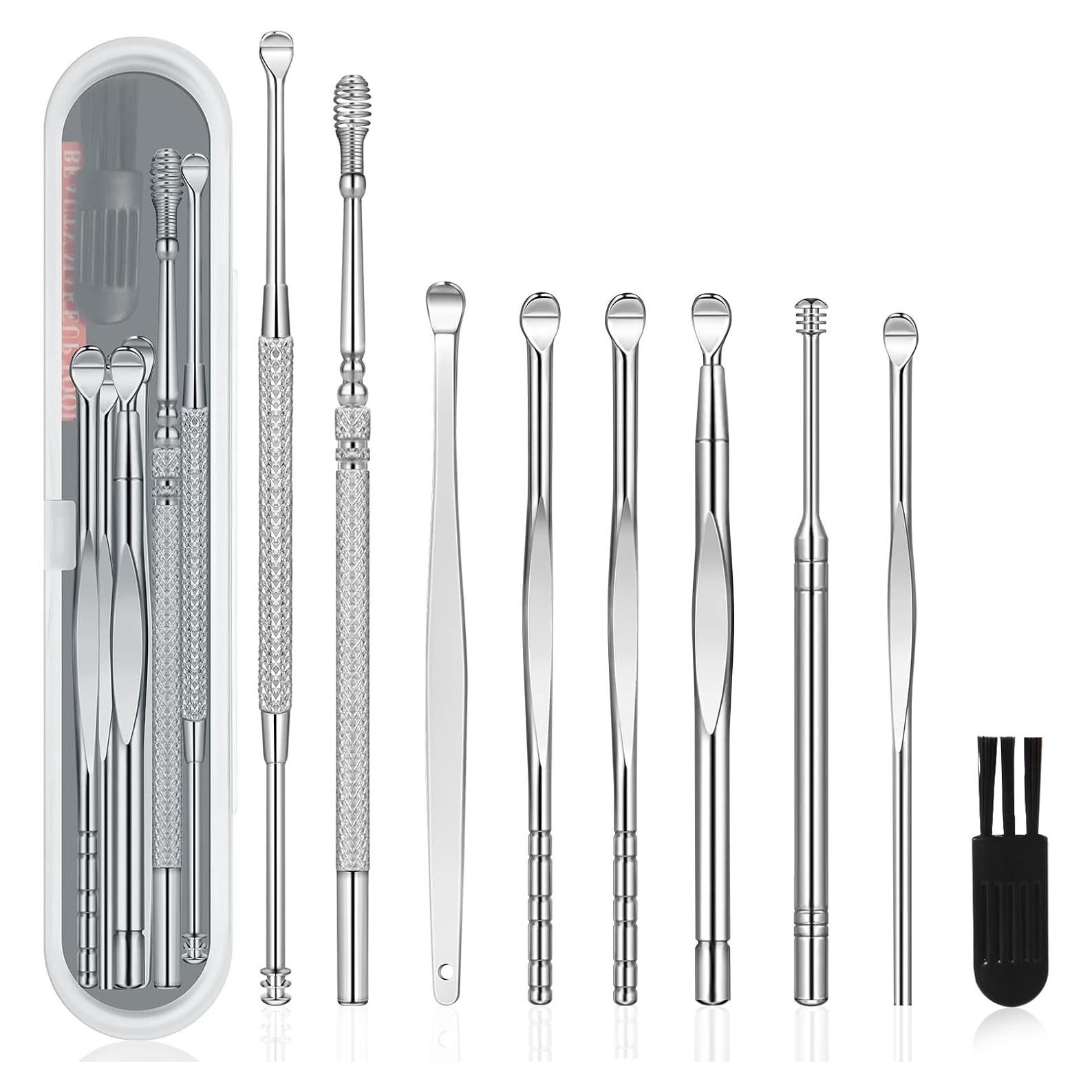 9 Pcs Ear Pick Earwax Removal Kit, Ear Cleansing Tool Set, Ear Wax Removal Tool, Ear Curette Ear Wax Remover Tool with a Cleaning Brush and Storage Box, Medical Grade, for Children and Adults,Silver