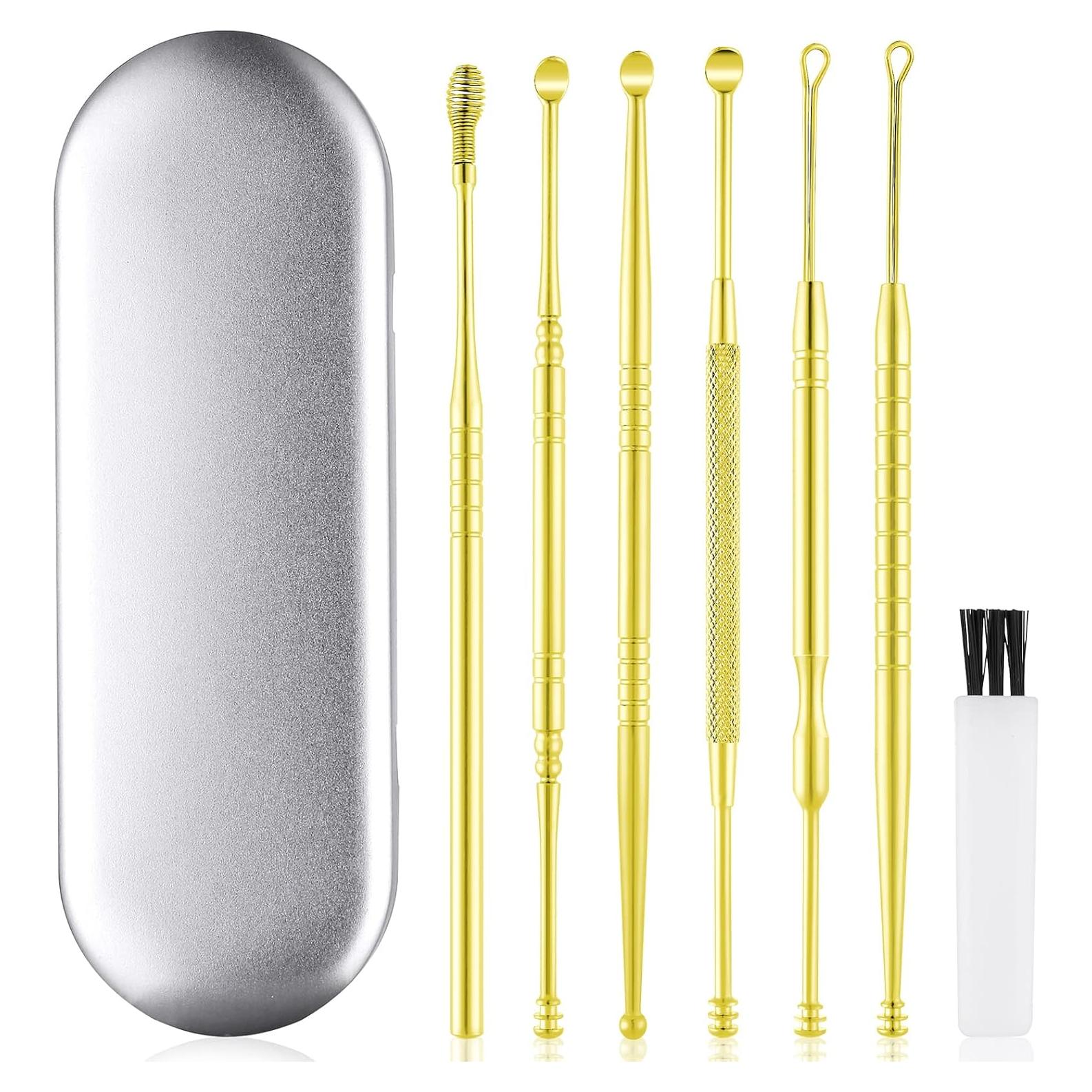 Ear Cleaning Kit,Safe Ear Wax Removal Tool,Earwax Removal Kit,Easy to Use,Painless Ear Pick,with Storage Box and Cleaning Brush (Gold)