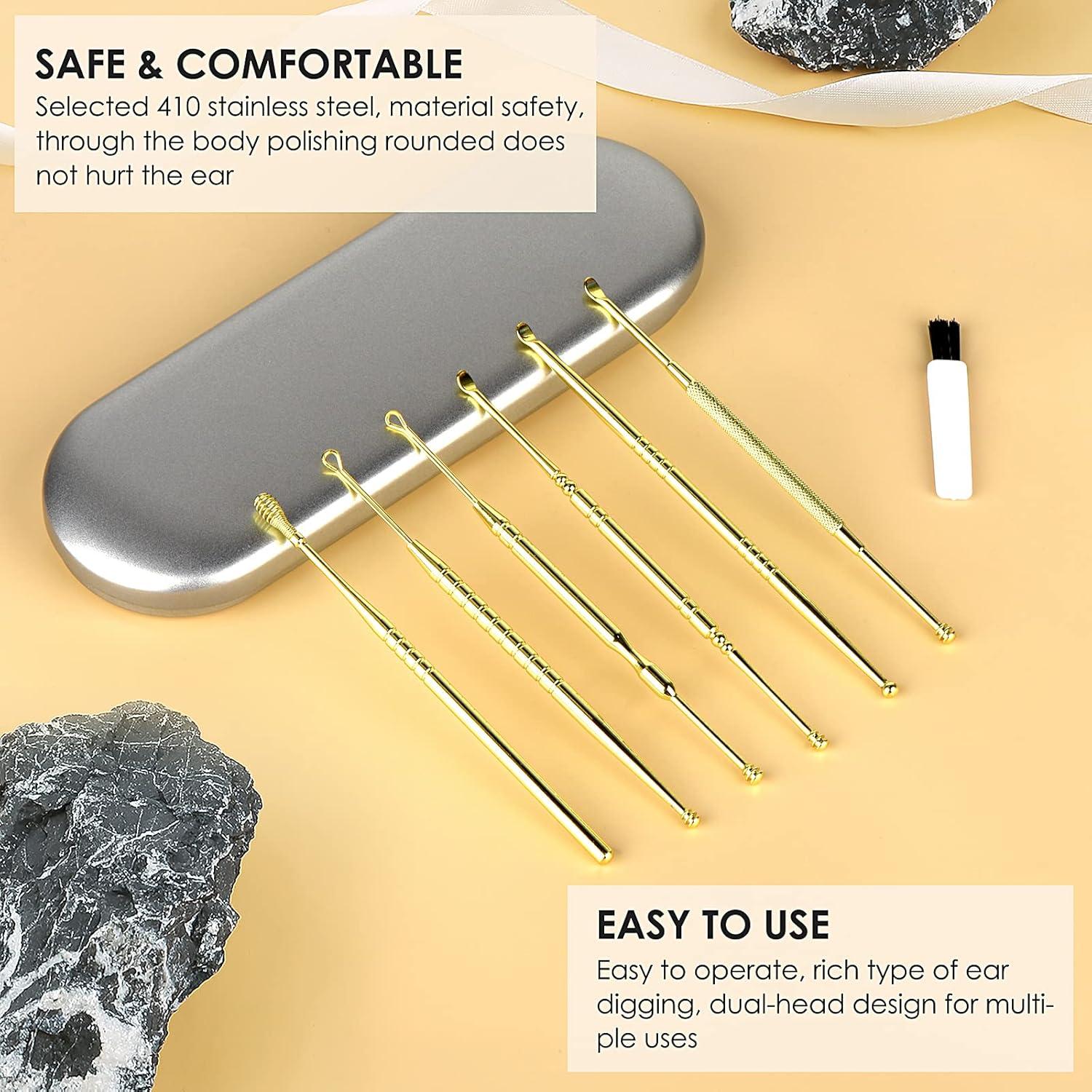 Ear Cleaning Kit,Safe Ear Wax Removal Tool,Earwax Removal Kit,Easy to Use,Painless Ear Pick,with Storage Box and Cleaning Brush (Gold)