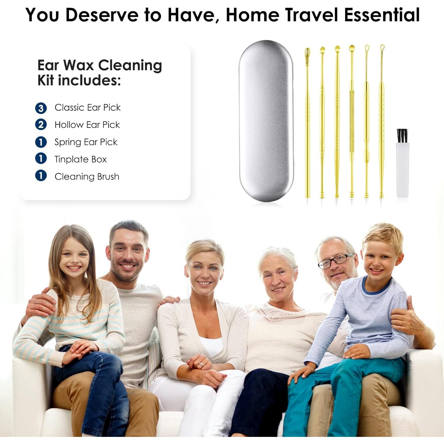 Ear Cleaning Kit,Safe Ear Wax Removal Tool,Earwax Removal Kit,Easy to Use,Painless Ear Pick,with Storage Box and Cleaning Brush (Gold)