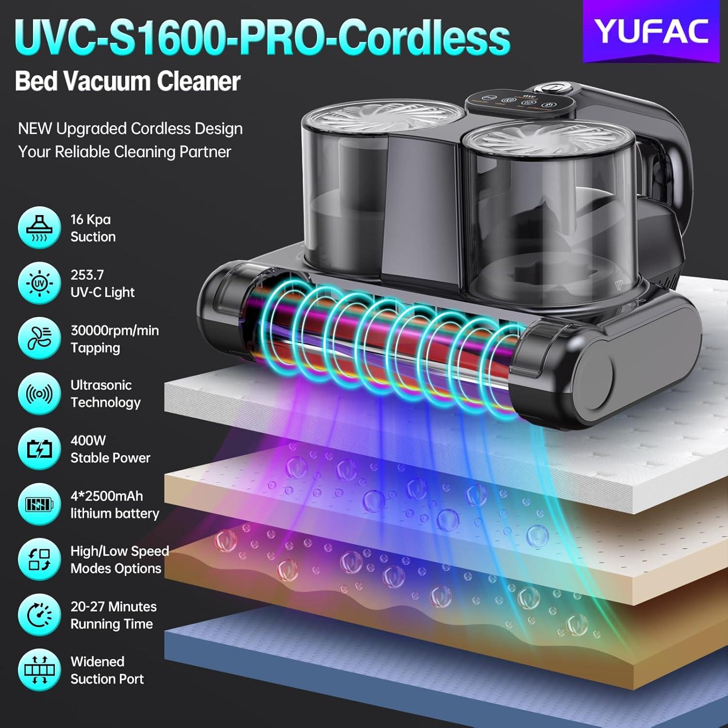 Mattress Vacuum Cleaner Cordless Bed Vacuum with 16Kpa Suction 253.7nm UV-C Light, Ultrasonic Technology, HEPA Filtration, Built-in 4*2500 mAh Battery, High/Low Dual Modes, Replacement Filter Included