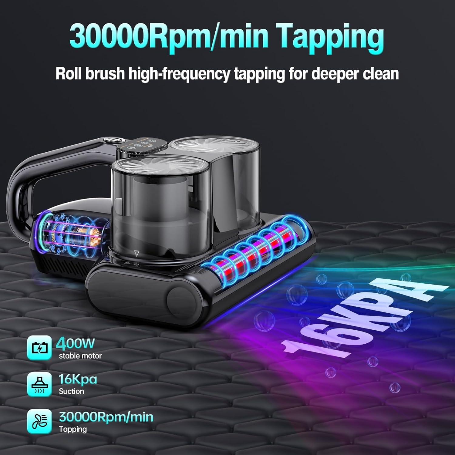 Mattress Vacuum Cleaner Cordless Bed Vacuum with 16Kpa Suction 253.7nm UV-C Light, Ultrasonic Technology, HEPA Filtration, Built-in 4*2500 mAh Battery, High/Low Dual Modes, Replacement Filter Included