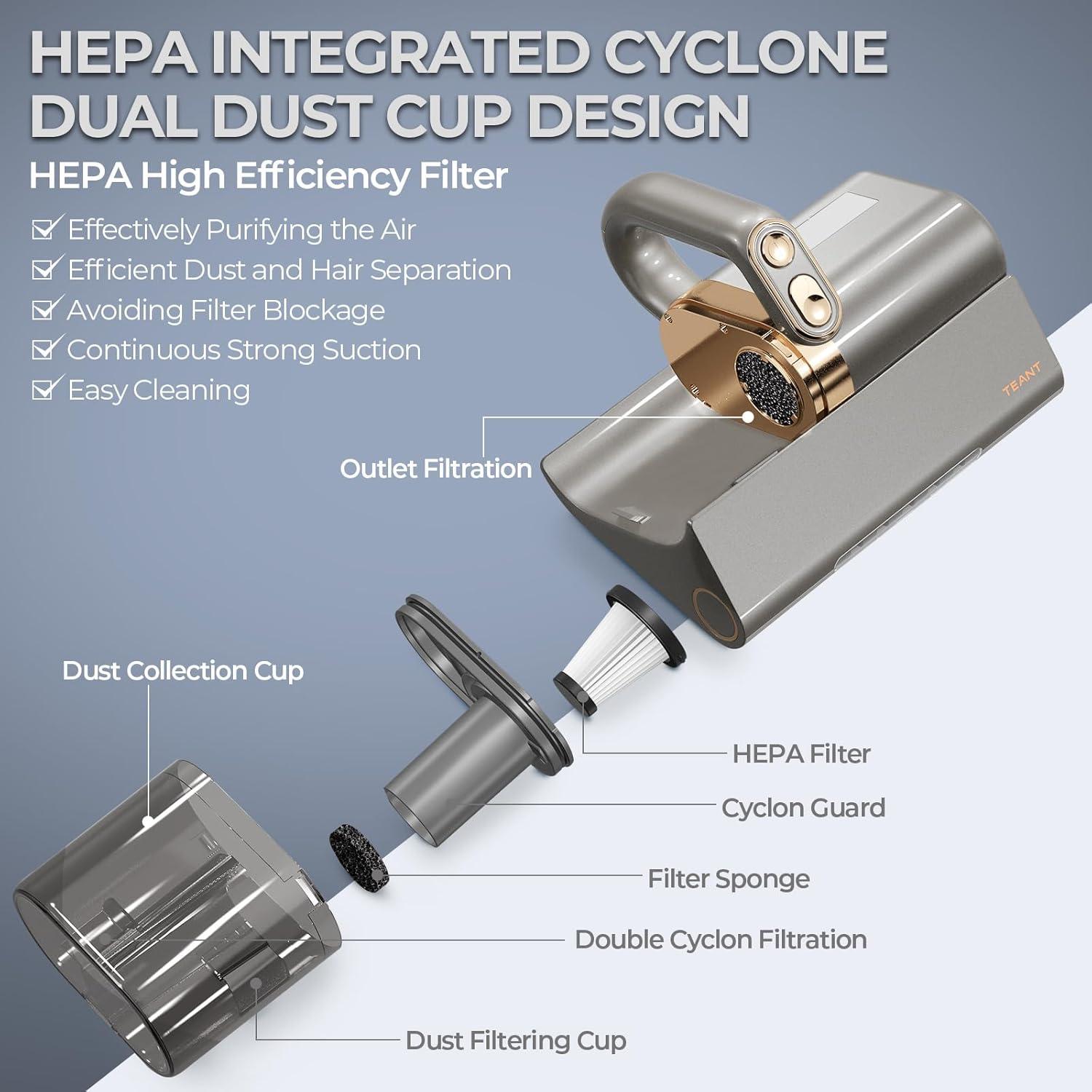 Mattress Vacuum Bed Vacuum Cleaner with 253.7nm UV-C Light, HEPA Filter & 140℉ Heating, 500W & 15Kpa Strong Suction, Lightweight Handheld Vacuum with Dual-Cup Design for Bed and Pet Hair